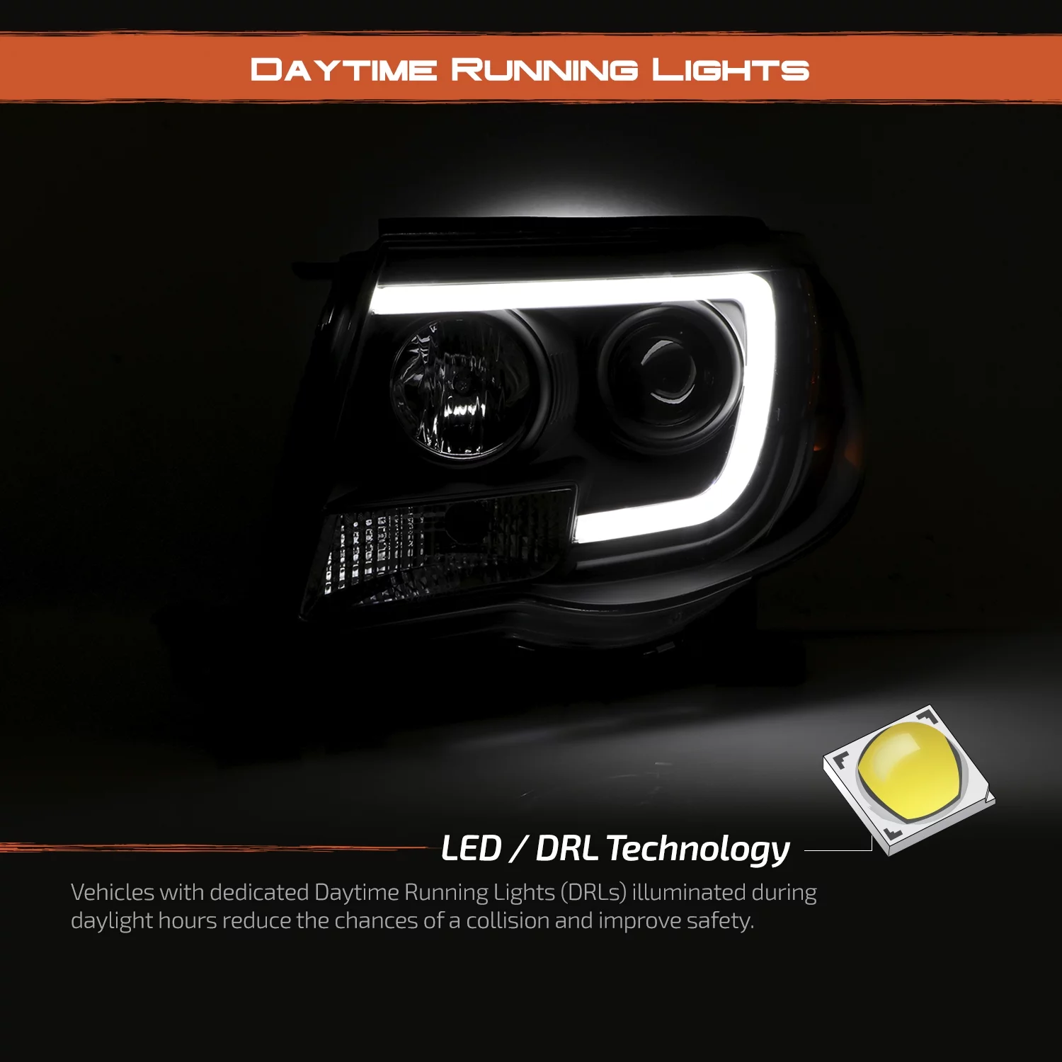 AKKON - Fits 2005-2011 Toyota Tacoma LED Module White LED Tube & Projector Headlights - Black Housing