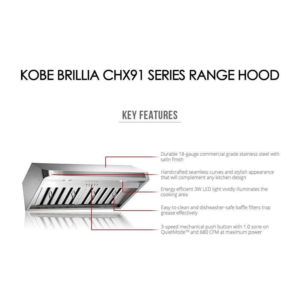 Kobe CHX9136SQB-1 Brillia 36-Inch Under Cabinet Range Hood, 3-Speed, 680 CFM, LED