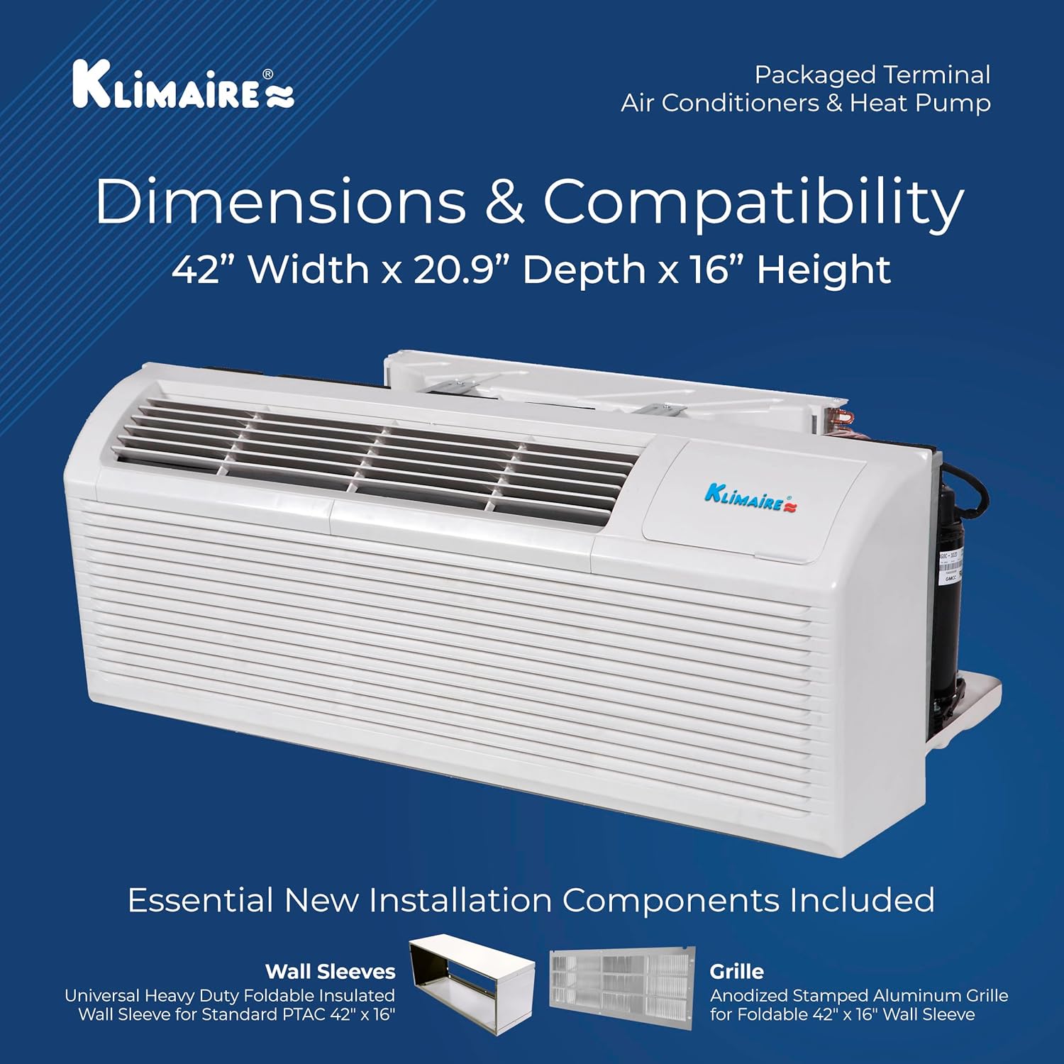 KLIMAIRE 15,000 BTU 10.6 EER PTHP Air Conditioner Heat Pump with 5 kW Electric Heater Wall Sleeve, Aluminum Grille & Remote Control (230 V)