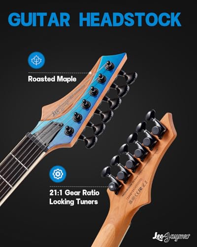 Leo Jaymz Electric Guitar Monsoon Series,Reverse Headstock,Mahogany Body,Roasted Maple Neck,Rosewood Fretboard,Locking Tuners,Rounded End Frets,AlnicoV Pickups,Fixed Bridge (Blue Flame)