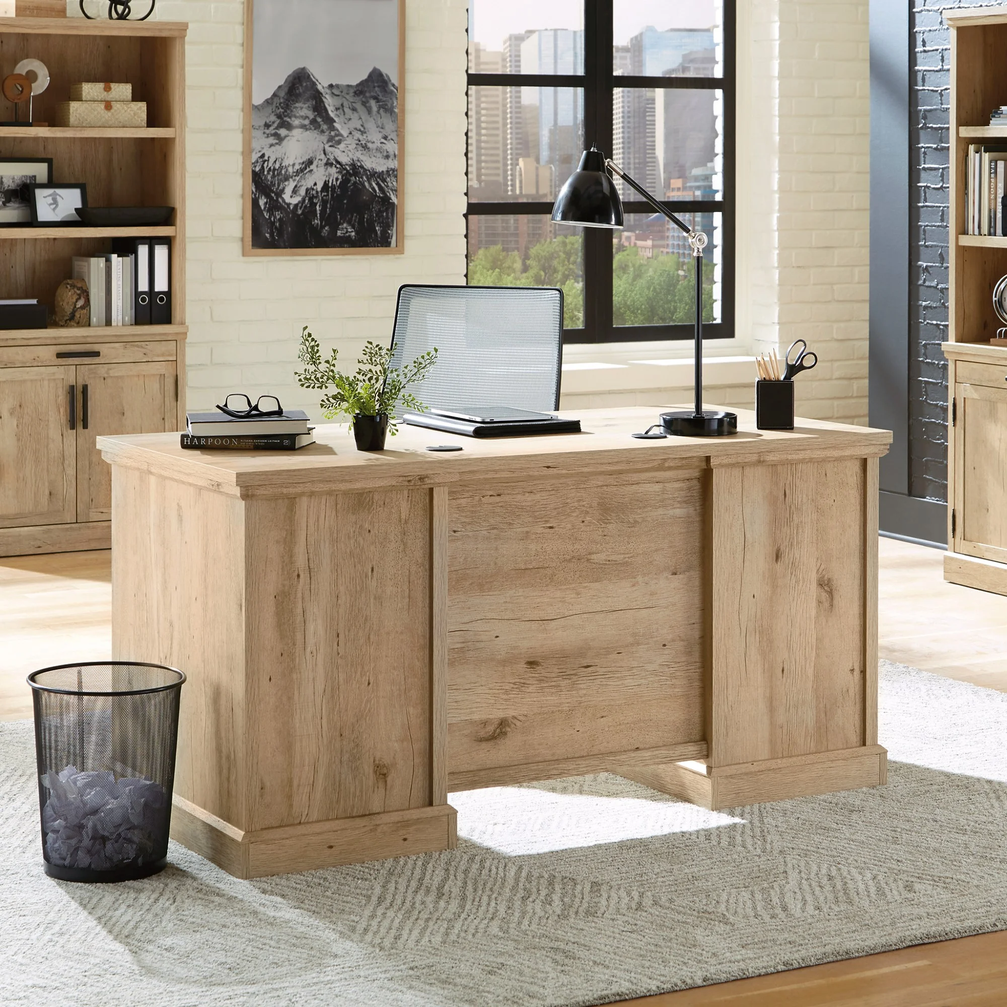 Sauder Mason Peak 60" Engineered Wood Double Pedestal Desk in Prime Oak