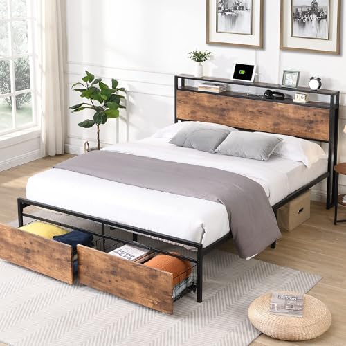 Queen Bed Frame with Headboard & Charging Station, Upholstered Platform Bed Frame with 2 Storage Drawers, Sturdy Wooden Slats Support/No Box Spring Needed/Noise Free/Easy Assembly/White