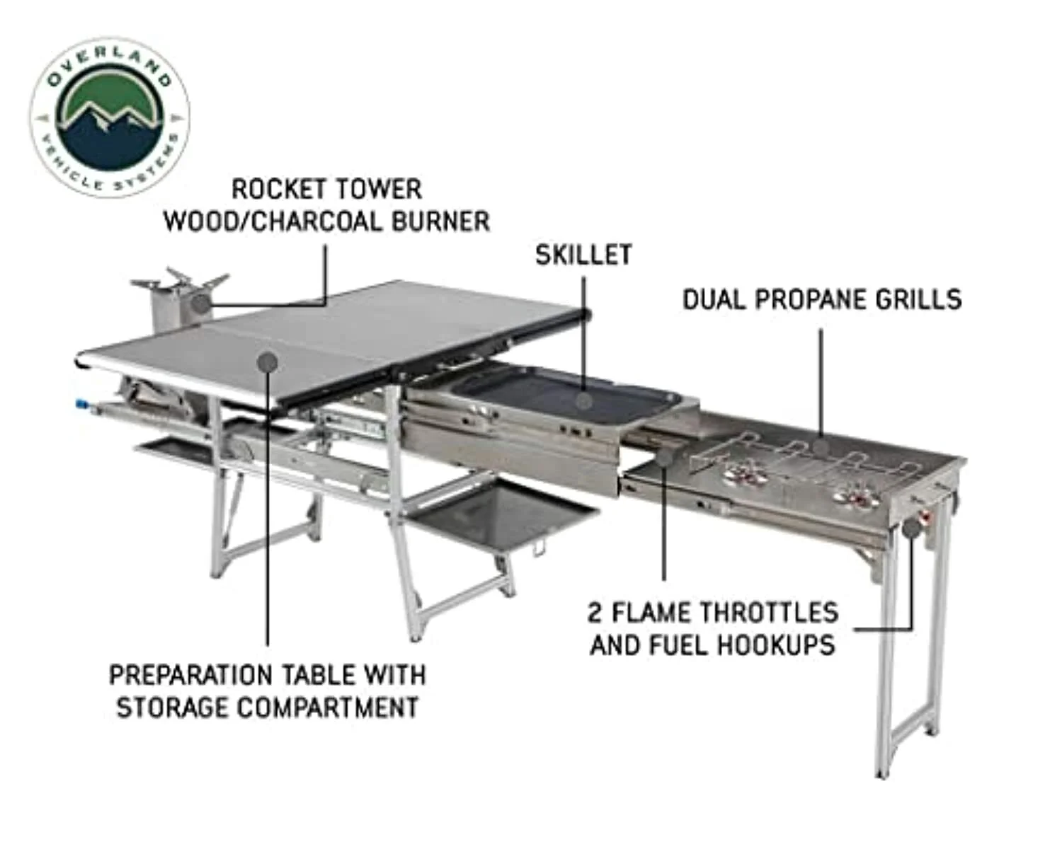 Overland Vehicle Systems Komodo Camp Kitchen - Dual Grill, Skillet, Folding Shelves, and Rocket Tower - Stainless Steel