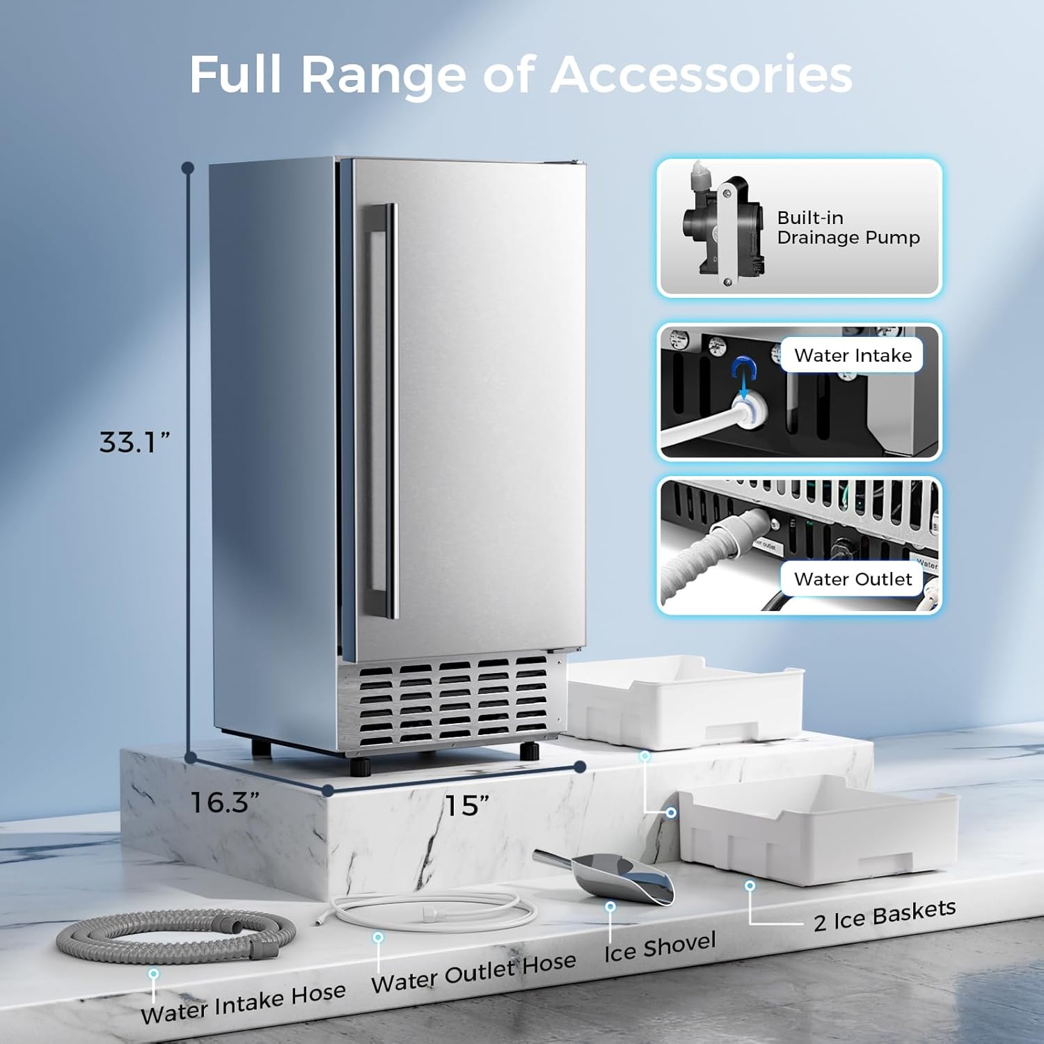 Kismile Under Counter Nugget Ice Maker Machine,66Lbs/Day,Built-in Freestanding Ice Maker with Drain Pump,Self-Cleaning & 24H Timer,18 Lbs Storage, Commercial Ice Maker for Home & Office(Silver)