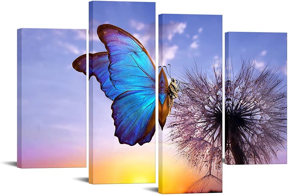 VANSEEING 4 Panels Dandelion Canvas Wall Art Blue Butterfly Dandelion Paintings Picture Sunset Landscape Artwork Prints Stretched and Framed for Living Room Bedroom