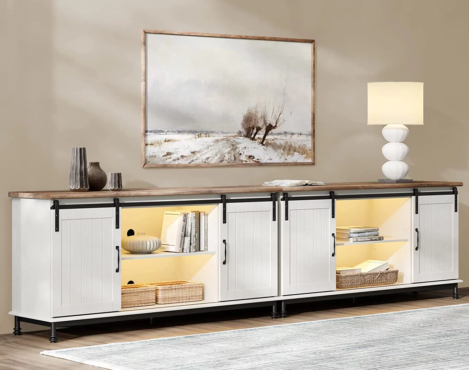 WAMPAT TV Stand for 110 Inch TV wit Blue LED Light, White Entertainment Center for 90-110 inch TV Console Table Farmhouse Storage for Living Room