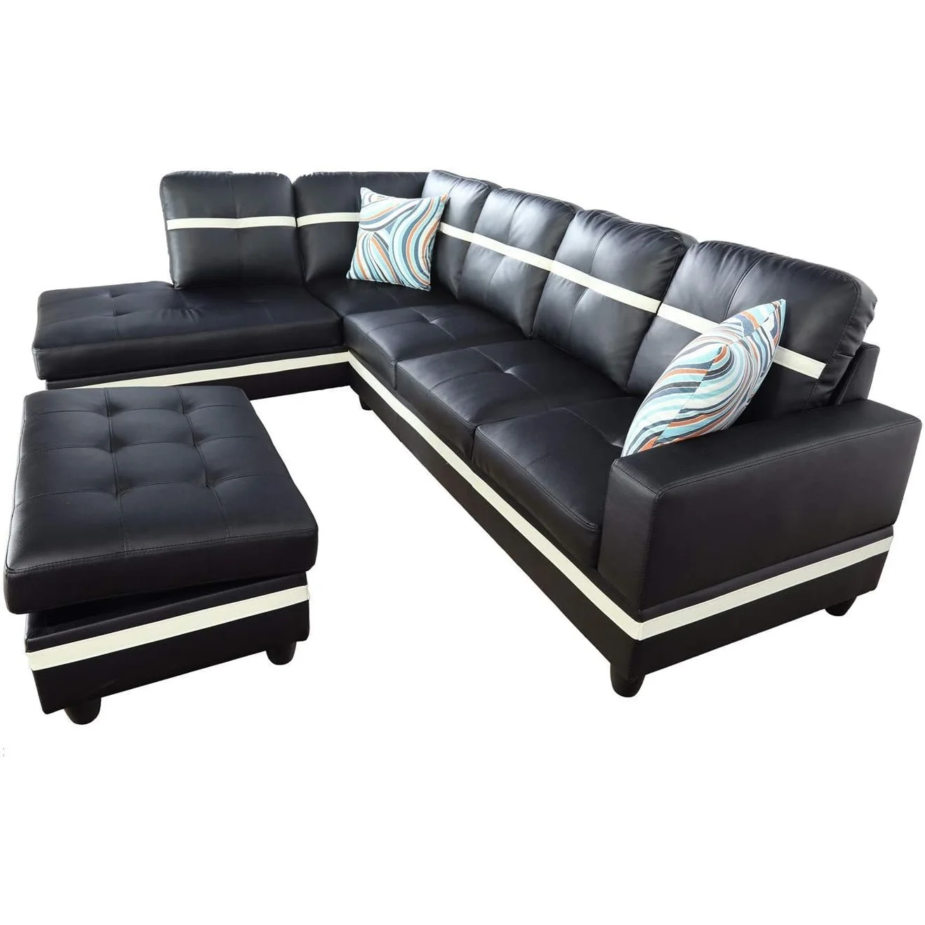 Ainehome 103.5" Leather Sectional Sofa Set, 3-Piece L-Shaped Living Room Couch Sets with Chaise Storage Ottoman and Pillows, Black