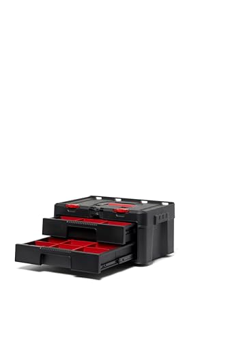 Keter Stack-n-Roll Modular Tools Organizer for Garage Storage and DIY, 3 Piece Resin Rolling Tool Box System for Small Parts, Black