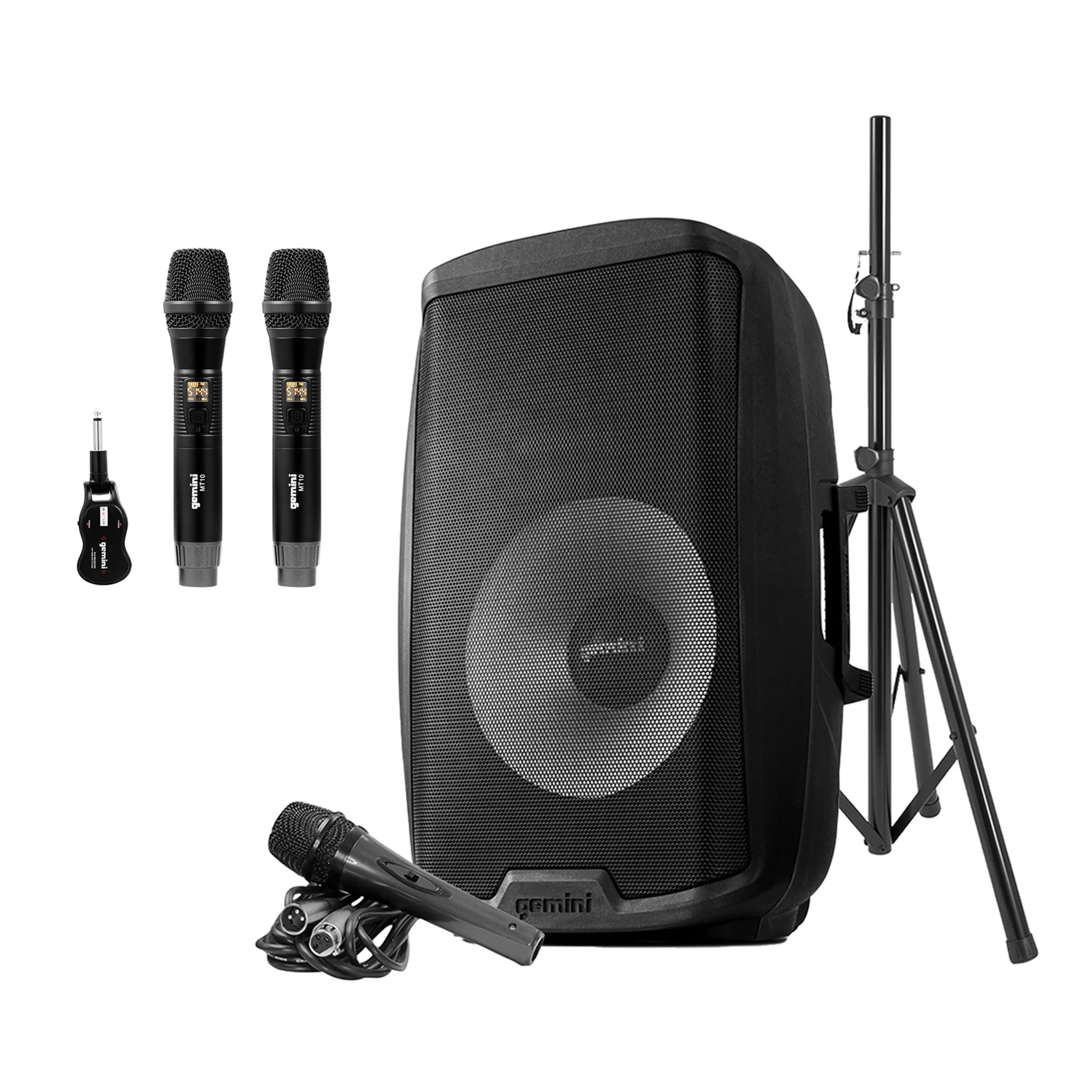 Gemini 2,000-Watt Active 15-Inch Bluetooth Loudspeaker with Stand and Wired Microphone & GMU-M200 UHF Dual Wireless Microphone System , 843631171066 - Curated Treasures Market
