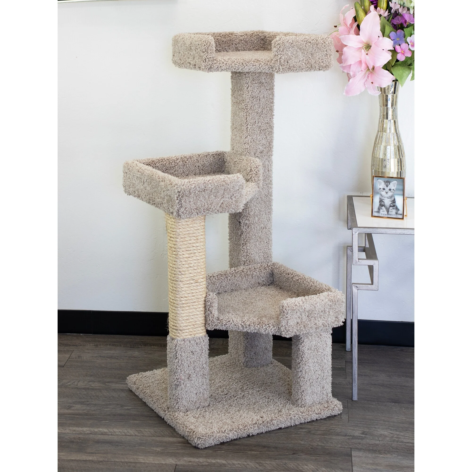 New Cat Condos  3 Level Solid Wood and Carpet Kitty Tree - Curated Treasures Market