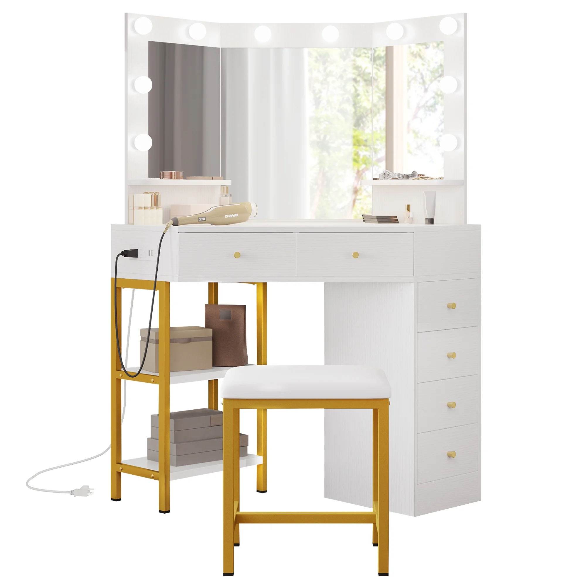 Dextrus Corner Vanity Desk With Lights & Mirror, Makeup Vanity with Shelf & 6 Drawers, Vanity Dressing Table for Makeup,Modern Desk Vanity for Bedroom, White