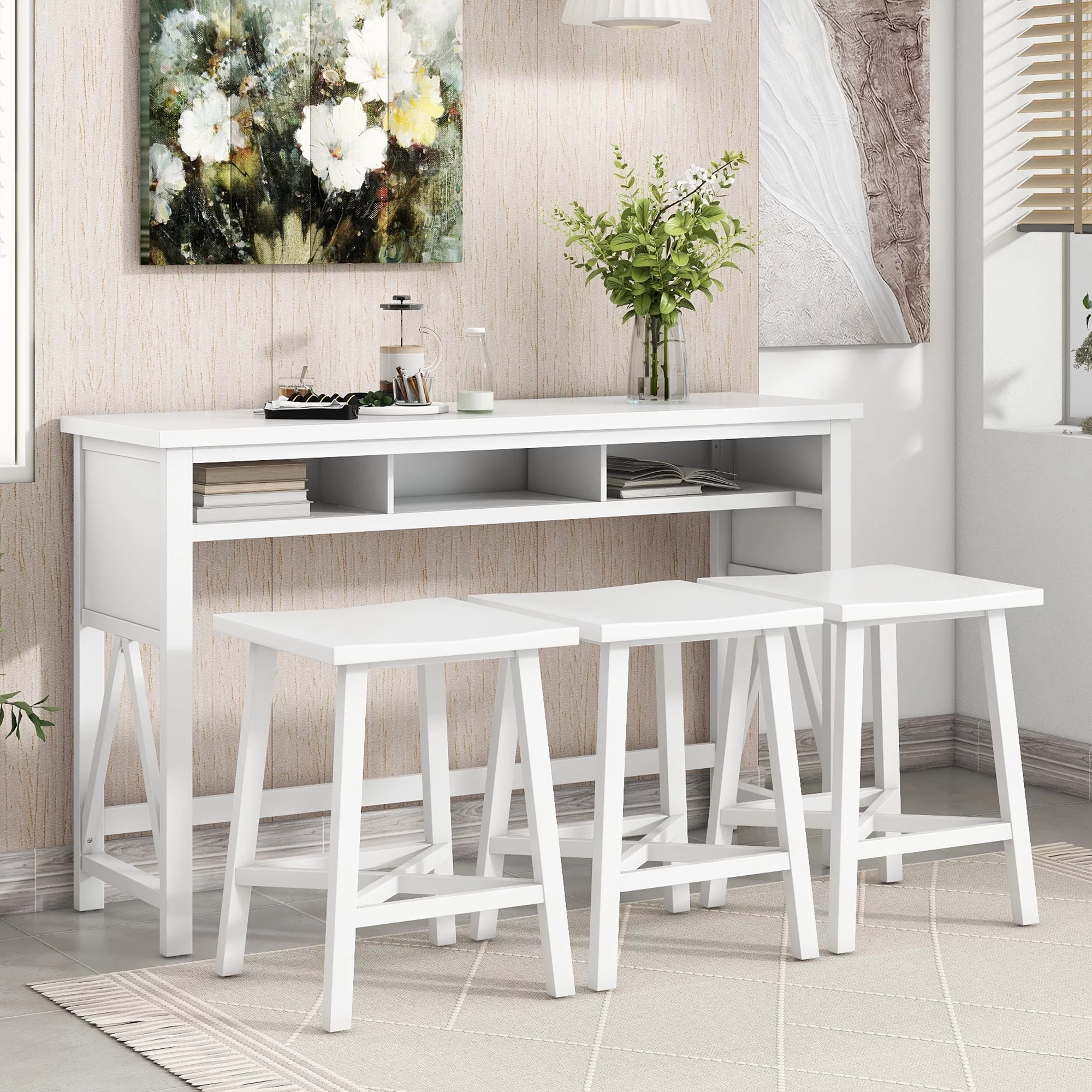 4-Piece Bar Table with Stools, Farmhouse Pub Table Set, Counter Height Dining Table Set with Functional Storage, 60” Kitchen Bar Table with 3 Stools for Small Space, White
