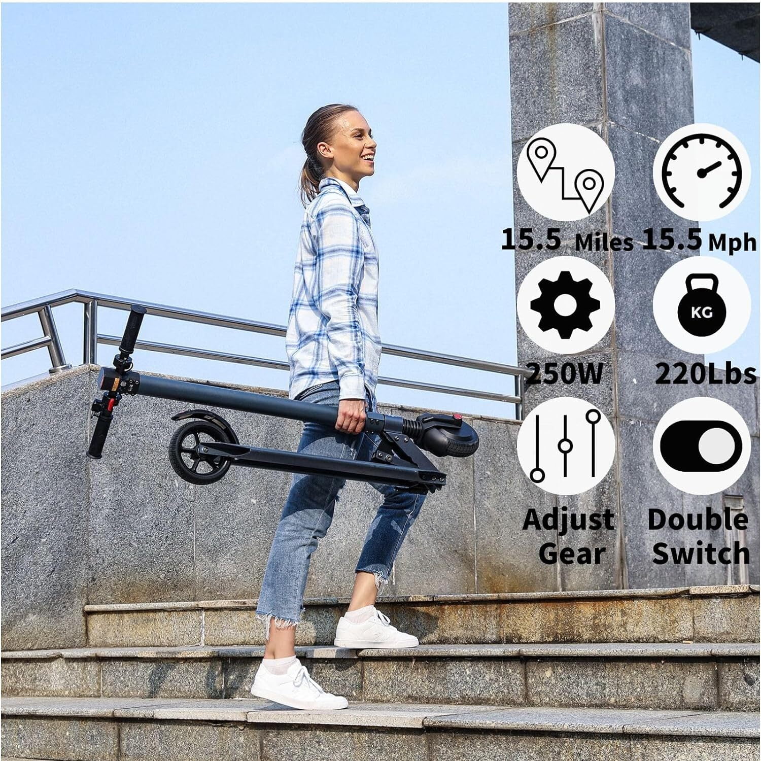 250W Lightweight Commuter Electric Scooter, 15.5 mph & 20 Miles Range, Foldable Kick Scooters for Adult, Blue