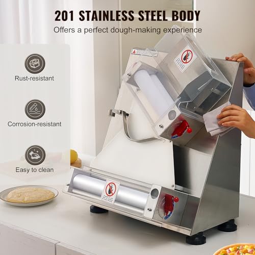 VEVOR Pizza Dough Roller Sheeter, 3-15 Inch Automatic Commercial Pizza Press, 390W Electric 260 Per Hour Dough Roller, Stainless Steel Adjustable Thickness Dough Machine, for Pasta Maker Equipment