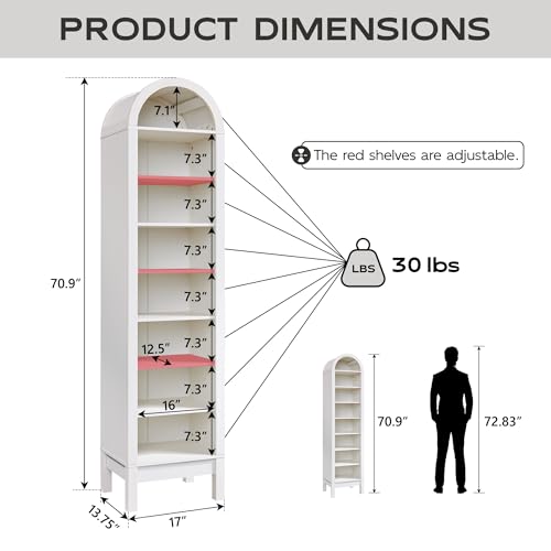 71" Tall Arched Bookshelf, 7 Tiers Arch Bookcase with Storage, Modern Farmhouse Book Shelf with Adjustable Shelves, Wood Bookshelf w/Open Display Shelves for Living Room, Office (Natural)