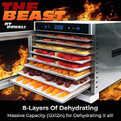 The BEAST by Denali | 8 Layer Stainless Steel Food Dehydrator | 100 Recipes & Full Instructions | Jerky, Fruit Leather, Veggies | Silver, LED Touch, Timer & Low-Noise Fan | Denali is a USA Company