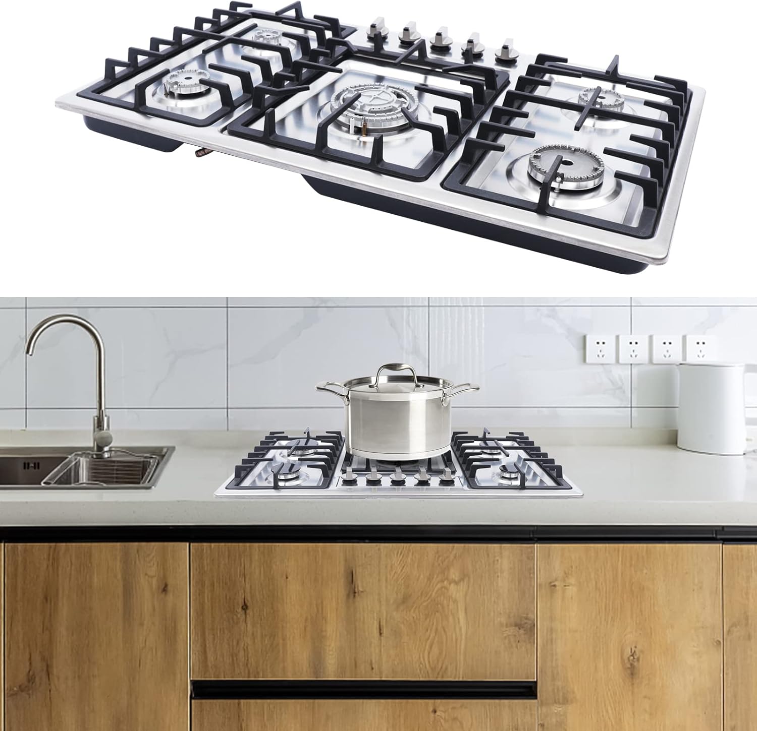 34 Inch 5 Burners Stainless Steel Built-In Gas Cooktop, Stove Top Gas Burners with Cast Iron Grates for Cooking(Silver)