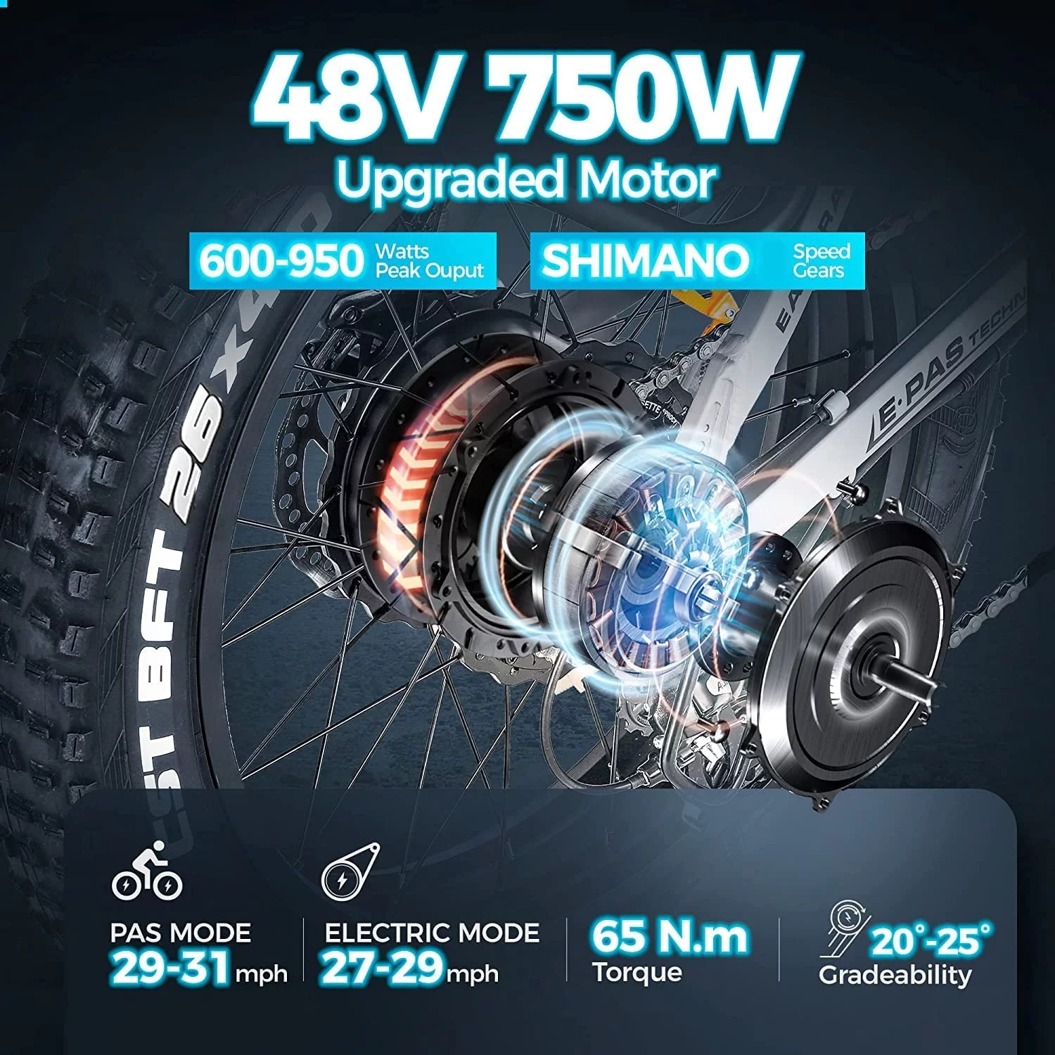 Eahora XT10 26in 750W Electric Bike up to 31MPH 48V 15Ah Adults 9 Speeds 4.0 Fat Tire Bicycle Black - Curated Treasures Market