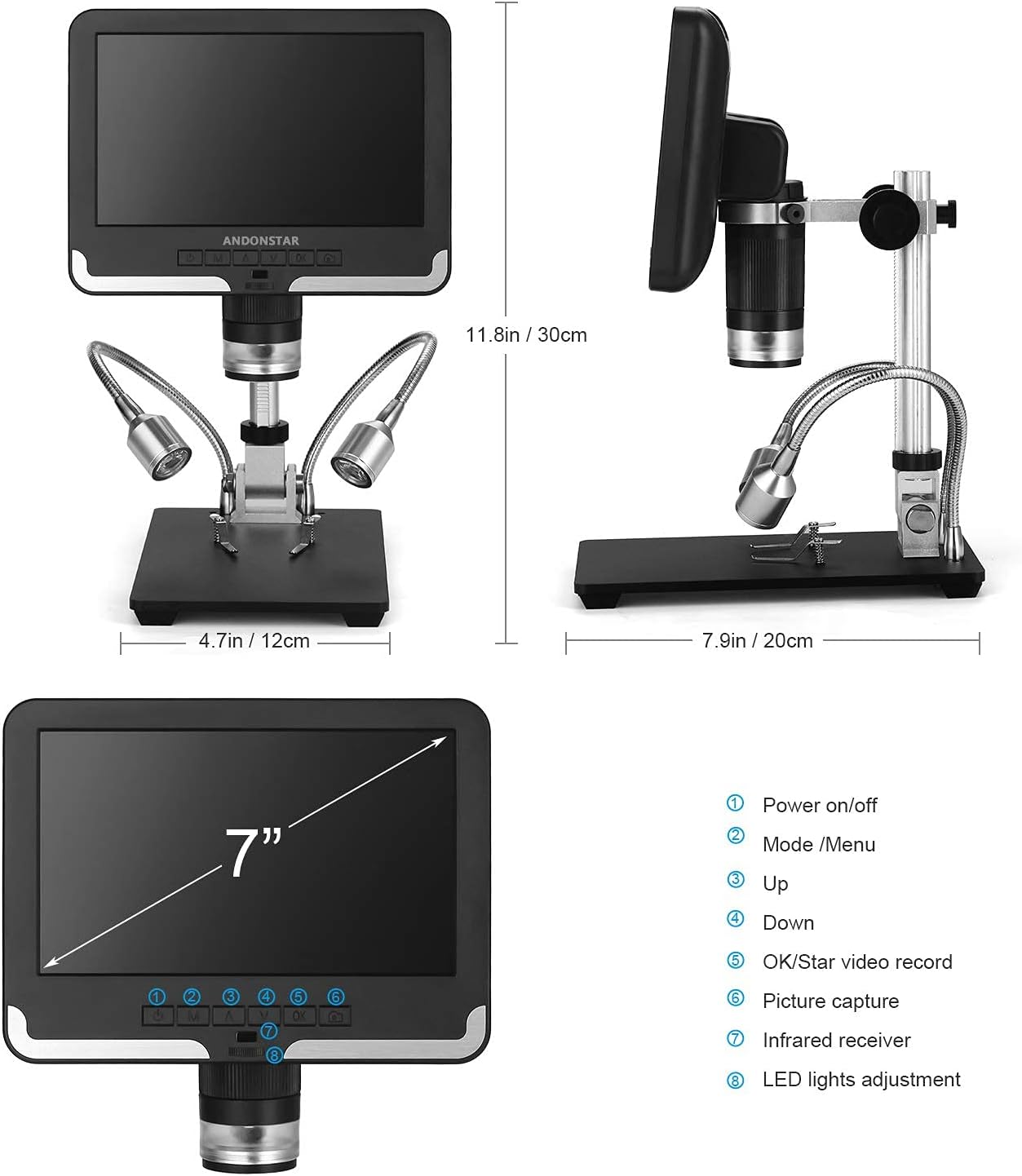 Andonstar Black corlor 7 inch LCD 1080P Circuit Board Digital Microscope AD206 with 200X Magnification Zoom for Phone Repair Soldering