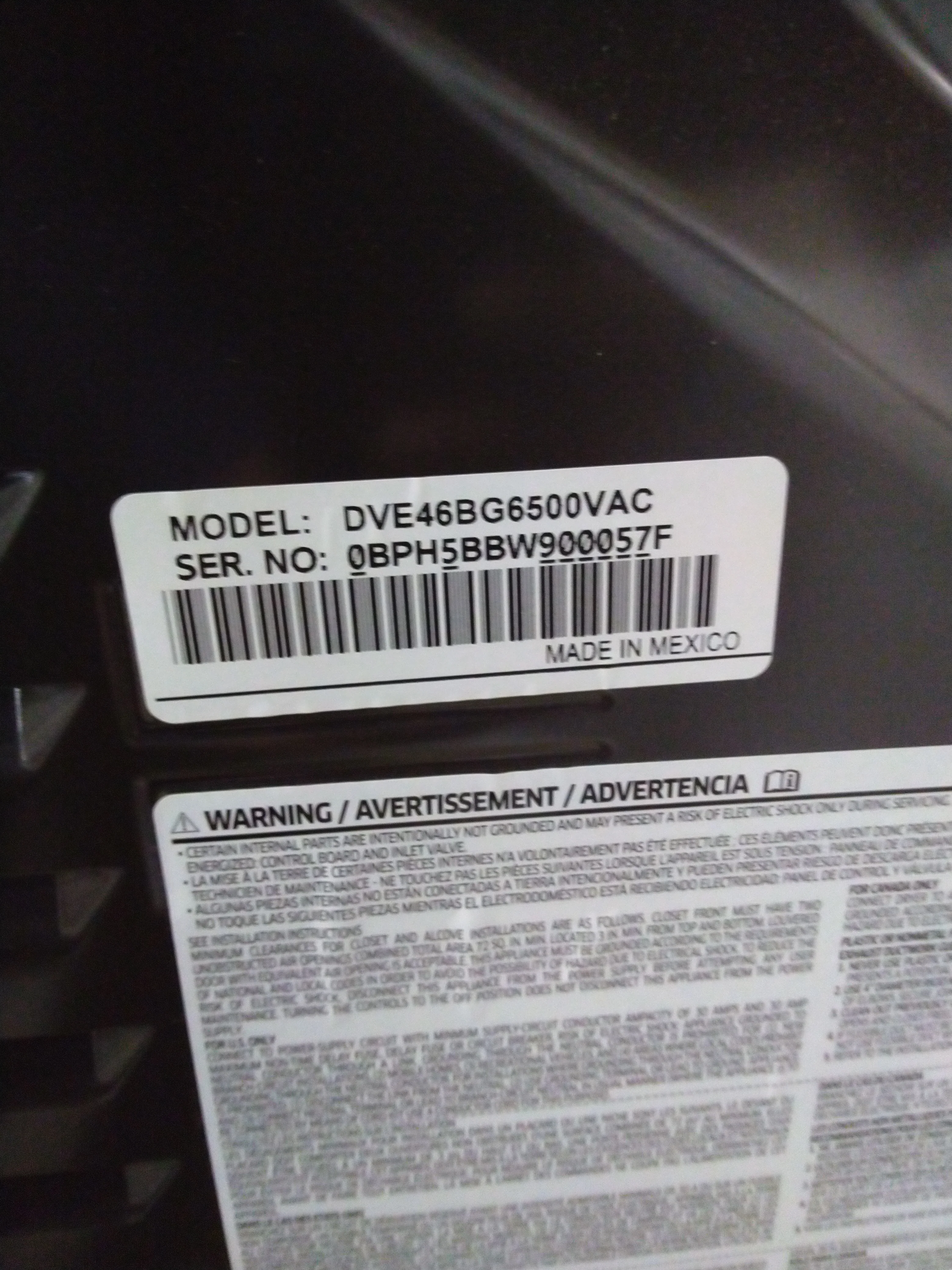 Samsung Reversible Side Swing Door Stackable Electric Dryer - DVE51CG8005VAC