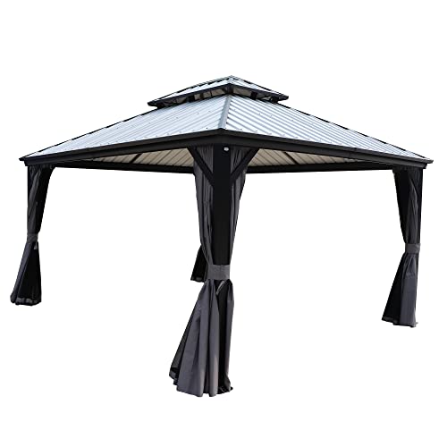 Kozyard Caesar 10'x10' Hardtop Gazebo - Permanent Metal Pavilion with Netting and Shaded Curtains for Patio, Backyard, and Deck - Galvanized Steel Outdoor Aluminum Canopy, Double Roof Gazebo (Grey)