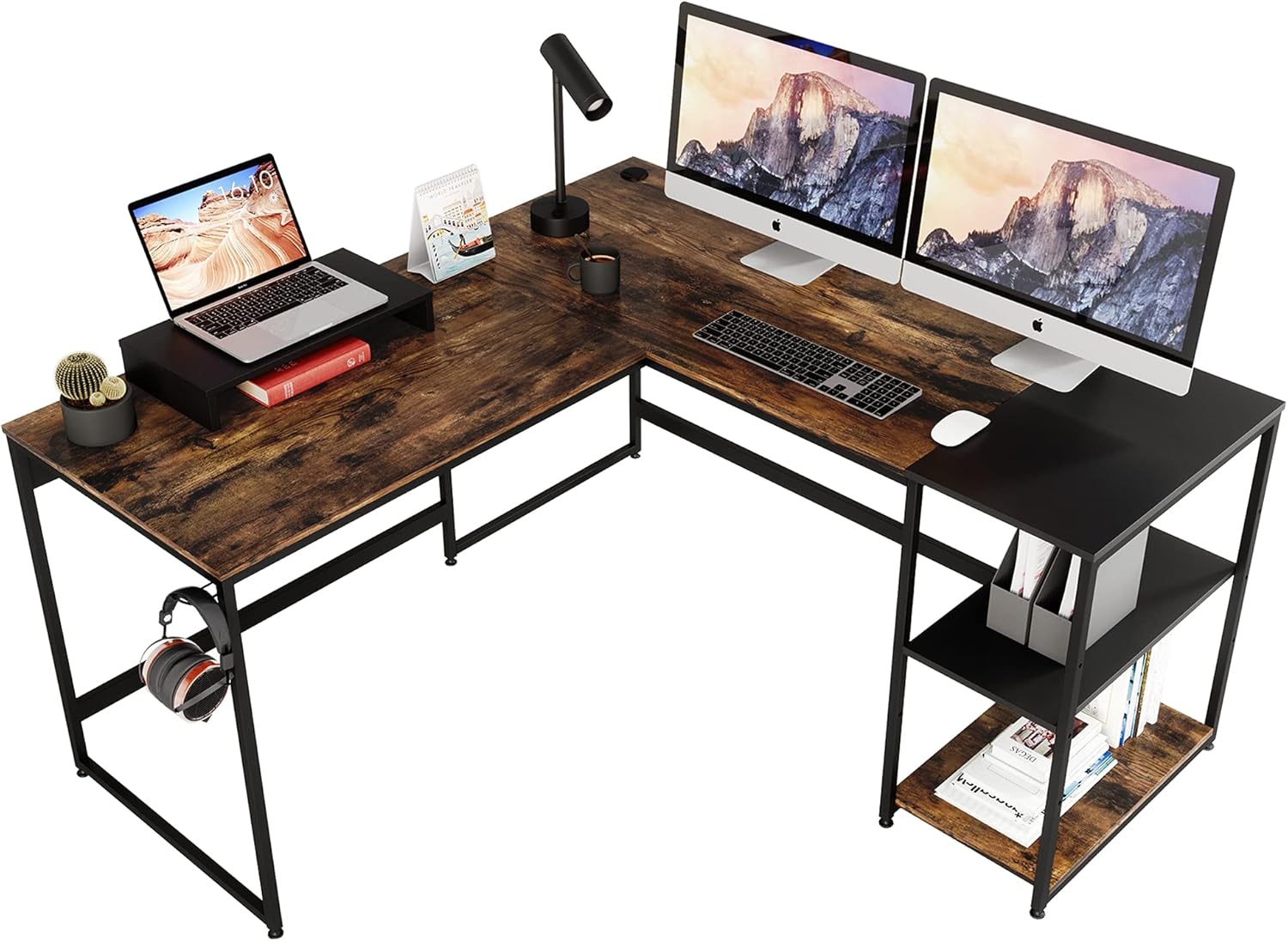 Bestier L Shaped Desk with Shelves 95.2 Inch Reversible Corner Computer Desk or 2 Person Long Table for Home Office Large Gaming Writing Storage Workstation P2 Board with 3 Cable Holes, Rustic Brown