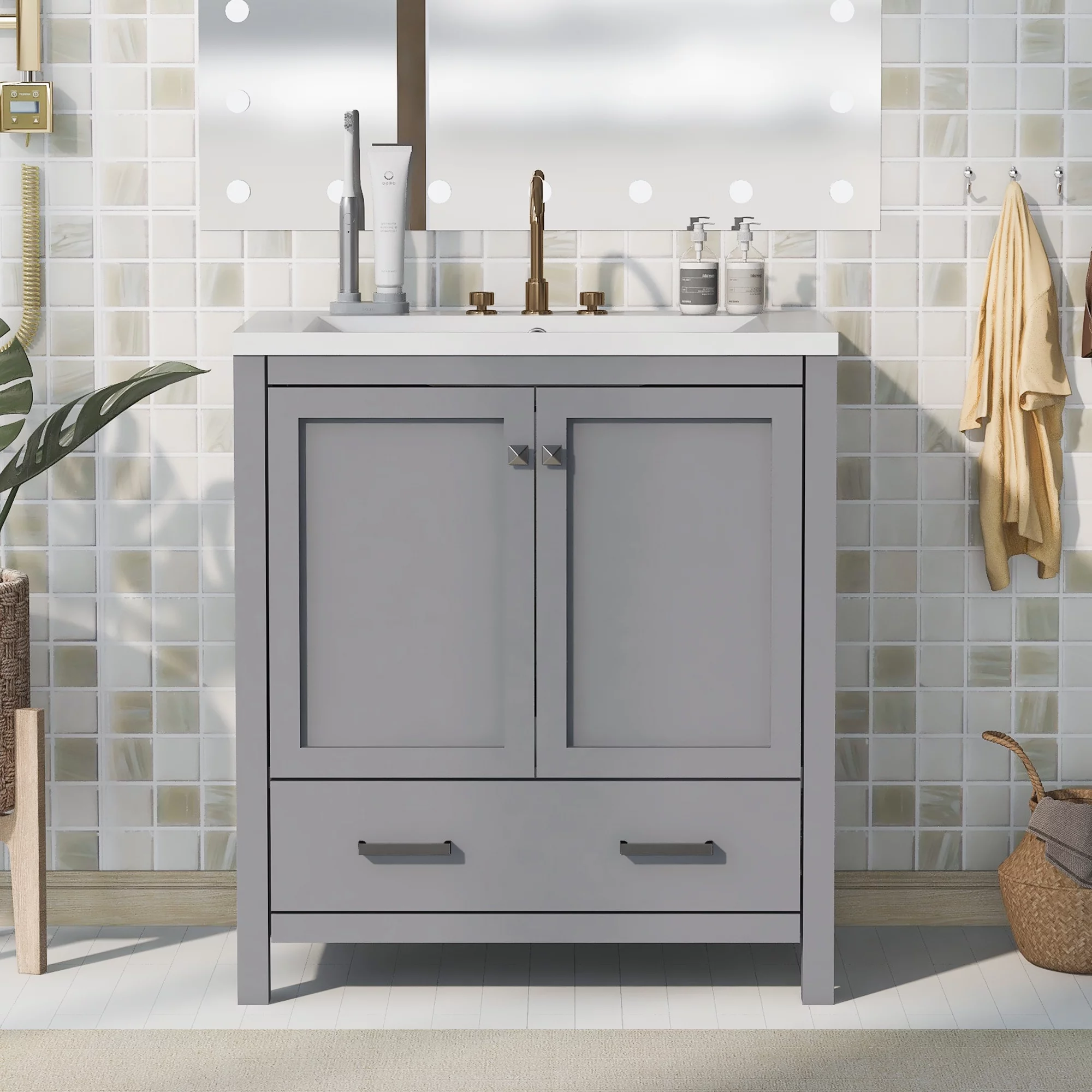 EUROCO 30" Modern Bathroom Vanity Cabinet Solid Wood with Top Basin,Bathroom Storage Cabinet with Soft Closing,1 Drawer,2 Doors