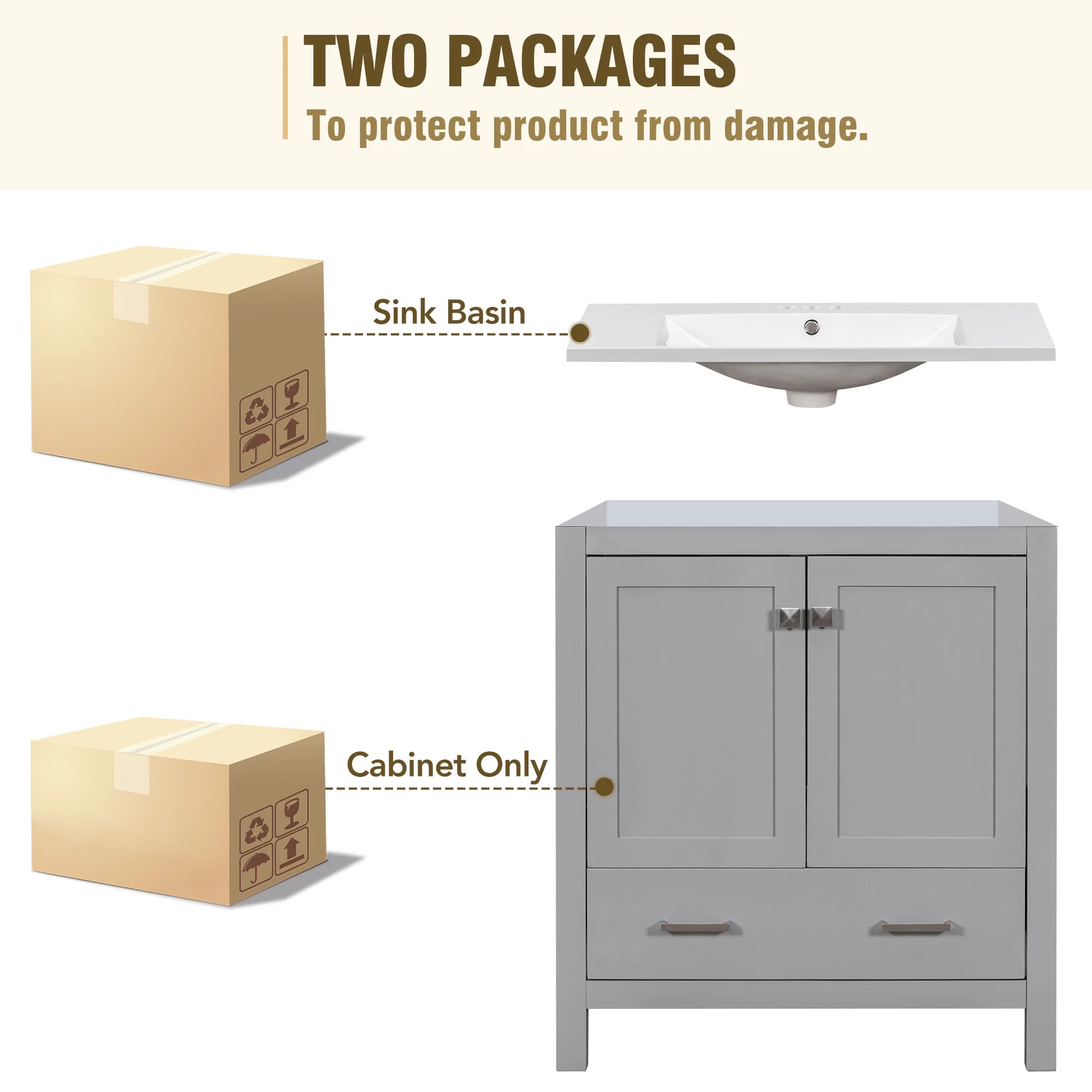EUROCO 30" Modern Bathroom Vanity Cabinet Solid Wood with Top Basin,Bathroom Storage Cabinet with Soft Closing,1 Drawer,2 Doors