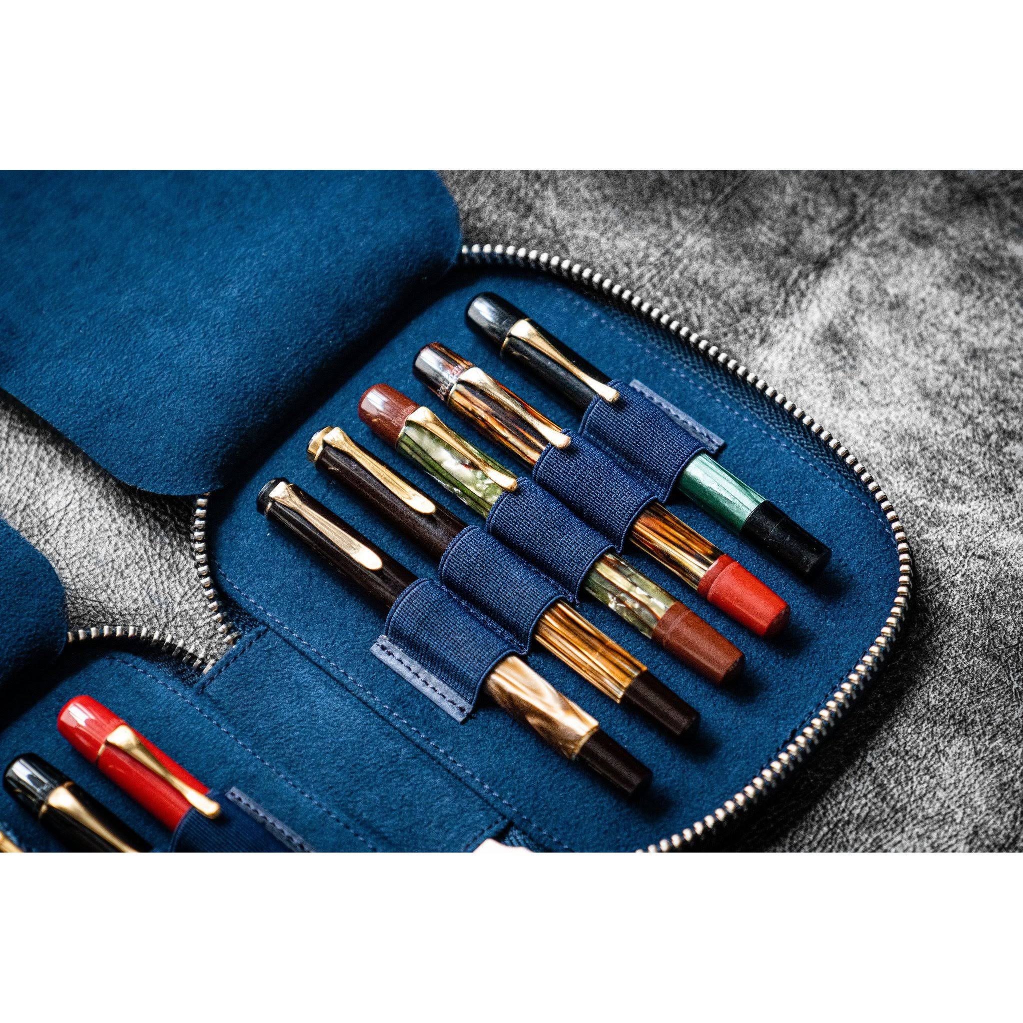 Galen Leather 10 Pen Zipper Case - Crazy Horse Navy Blue