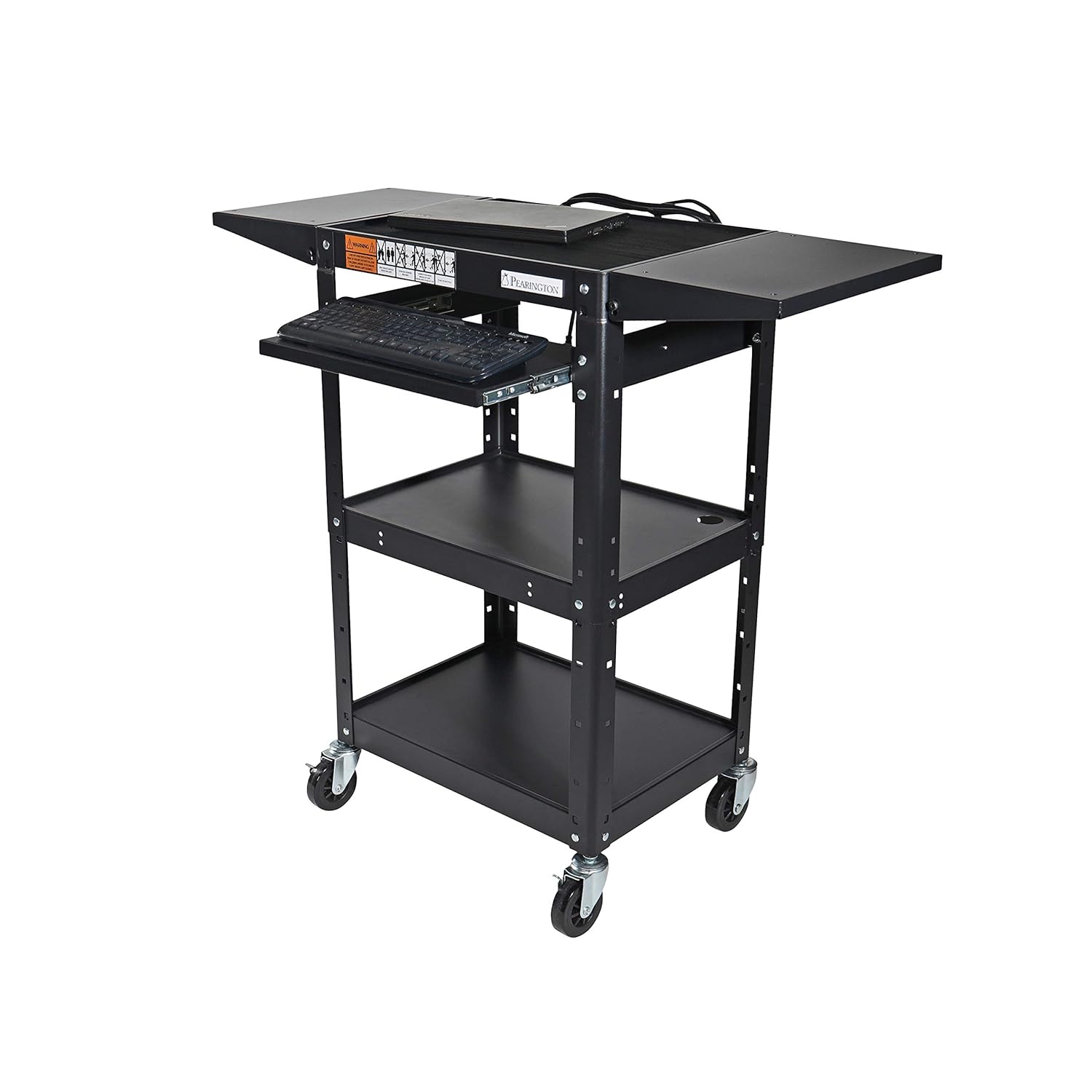 Pearington AV Presentation Cart Stand for Video Projector, TV, Laptop Computers, Printers, Metal Construction Rolling Storage Cart with Adjustable Shelves, 4 Wheels, 4 Outlets, 12ft Cord, Black