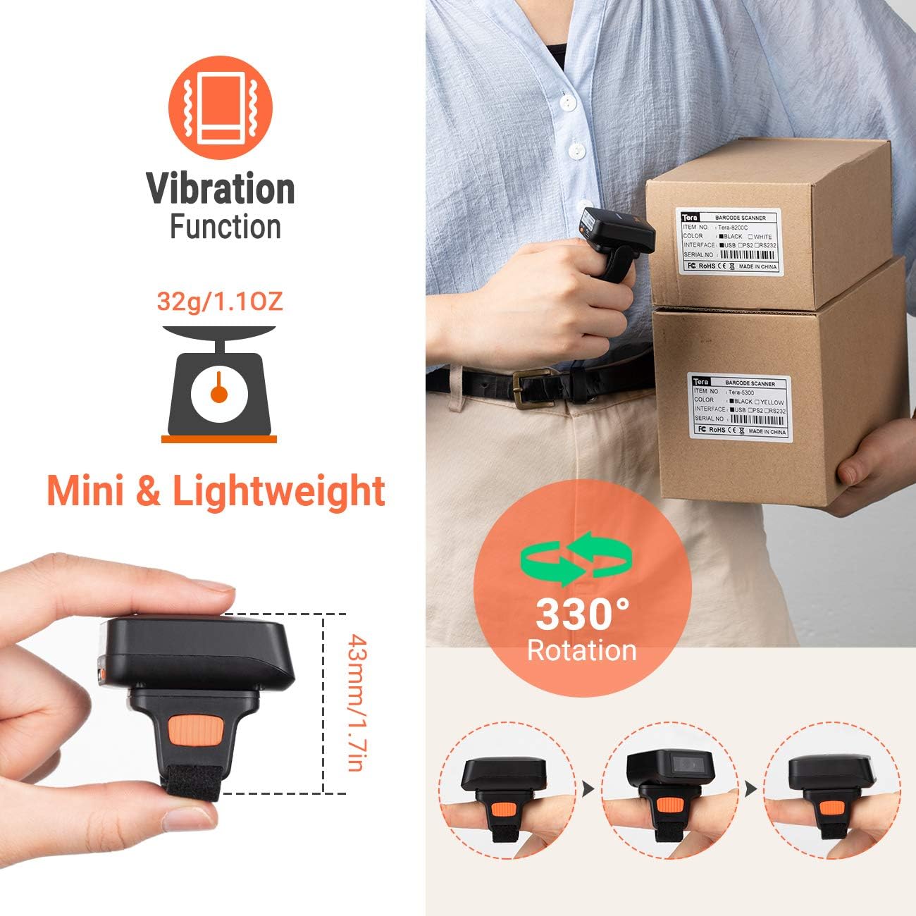 Tera Wireless Barcode Scanner Compatible with Bluetooth, Printed Digital 1D Barcode Reader Scanner Mini Wearable for Windows, Mac OS, Android with Vibration Alert Model HW0011