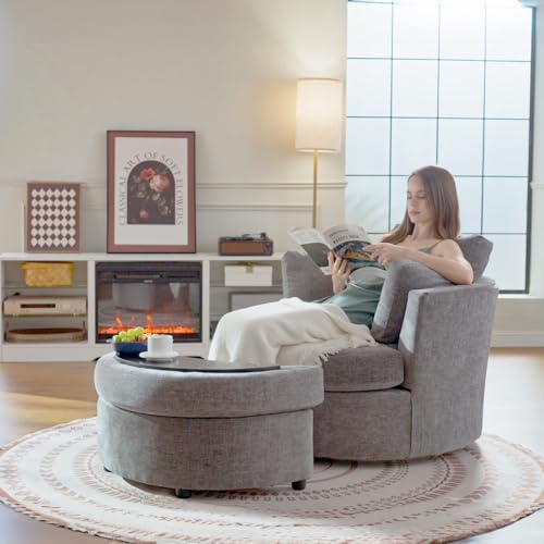 Chair and A Half with Ottoman, 360° Swivel Accent Barrel Chair Modern Comfy Round Reading Sofa Swivel Chairs Circle Lounge Chair for Bedroom Living Room w/4 Pillow Lower Seating Heigh (White, Large)