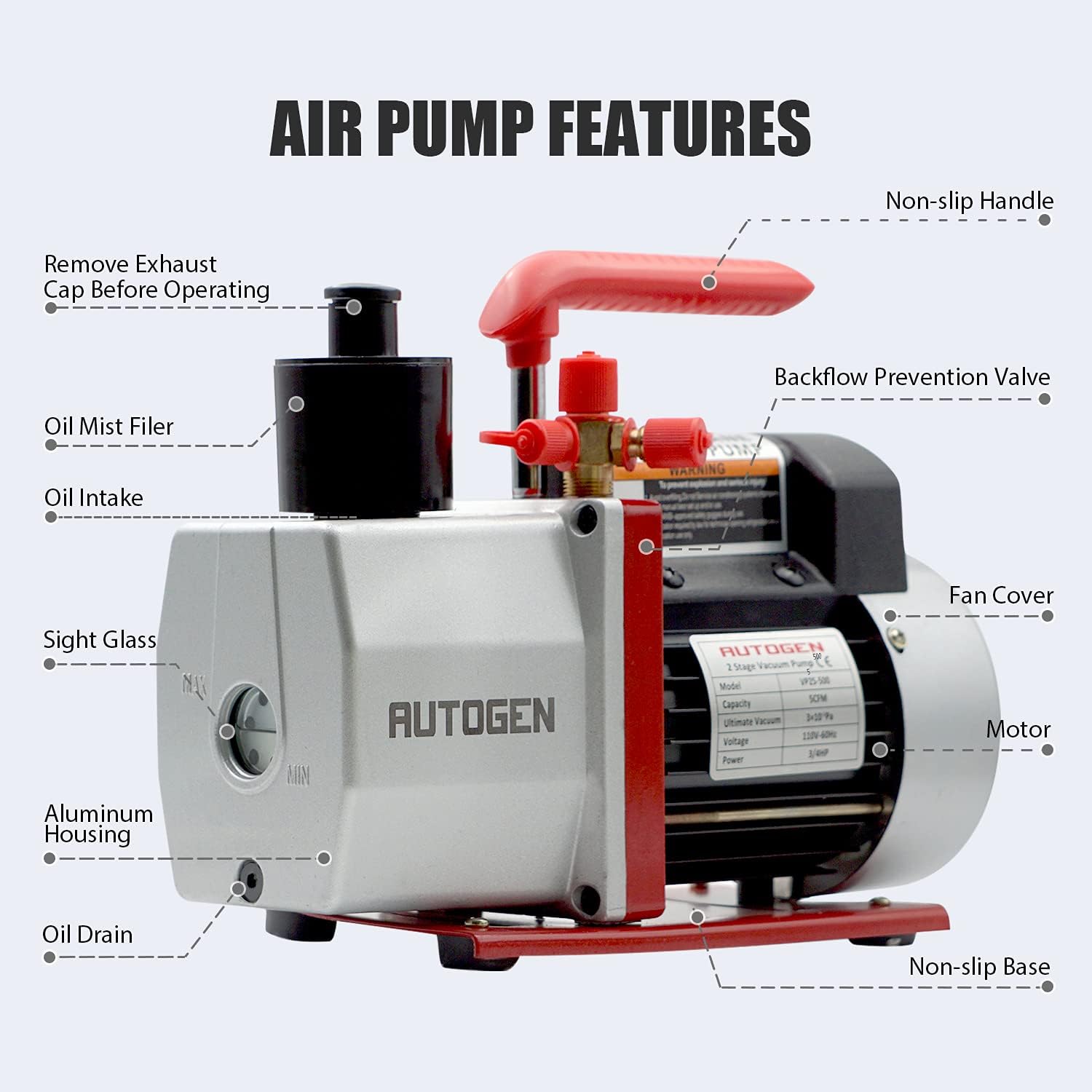 AUTOGEN 2-Stage Air Vacuum Pump 5CFM 3/4HP 0.3 Pa for HVAC/AUTO AC Refrigerant Recharging, Degassing Wine, Milking Cow, Food Processing