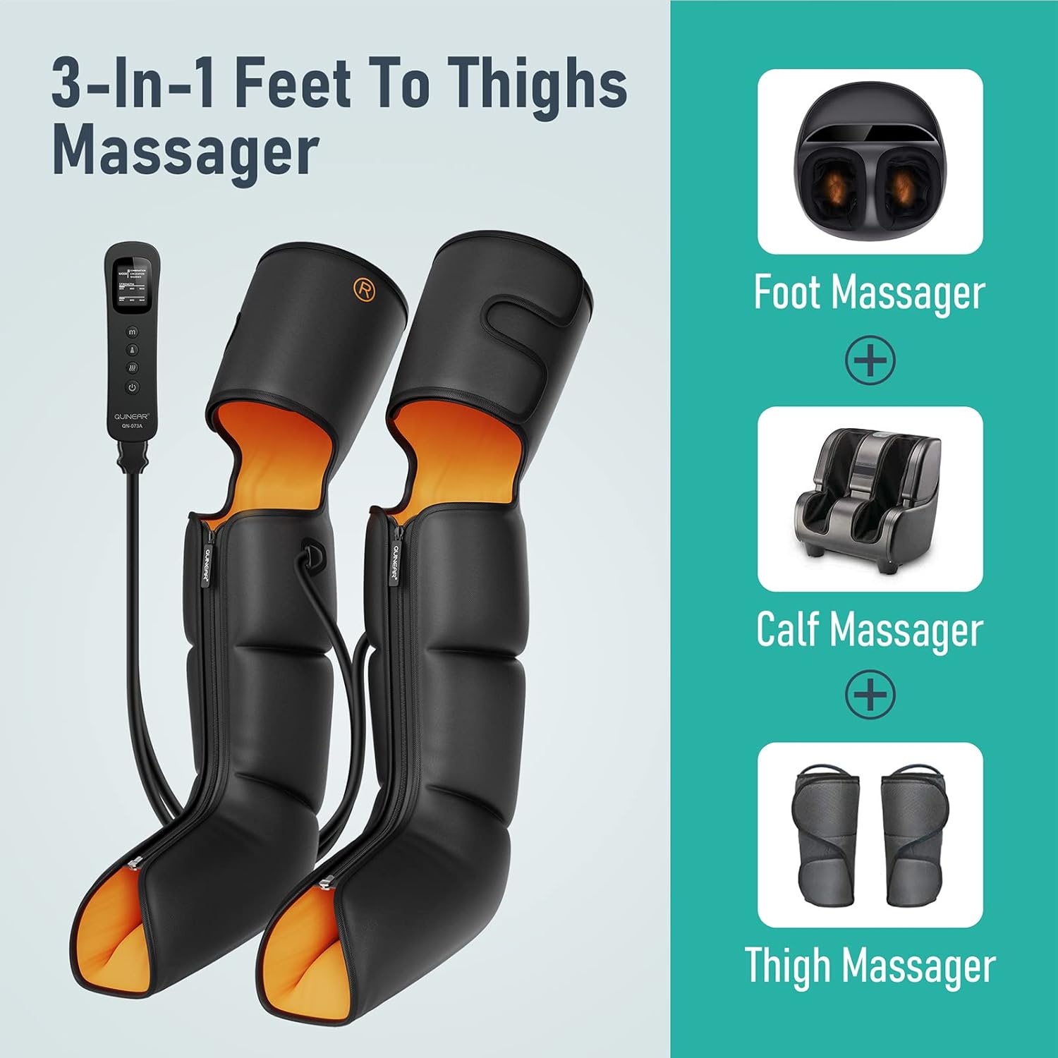 QUINEAR Leg Massager, 3-in-1 Foot Calf & Thigh Massager with Heat and Compression - 3 Modes 3 Intensities Compression Therapy, 3 Heating Therapy for Leg Circulation, Wollen Legs, Edema, RLS