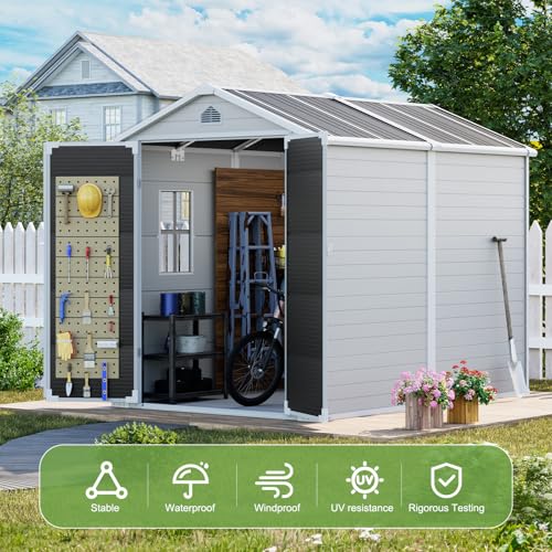 8x6x7 FT Resin Storage Shed, Waterproof Outdoor Storage Shed w/Floor, 2 Windows, Double Lockable Doors & Vents, Tool Shed for Patio Garden, Lawn, Backyard, Dove Grey