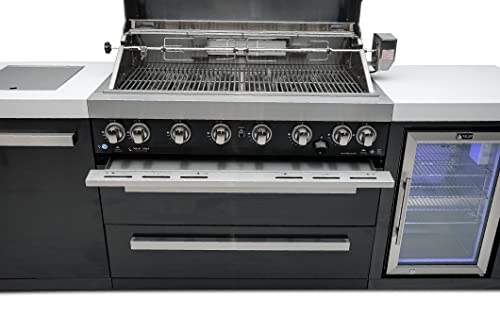 Mont Alpi Stainless Steel Island Outdoor Kitchen Gas Barbecue Grill w/Wine Cooler Compact Refrigerator Beverage Center + Granite Countertops & Sides