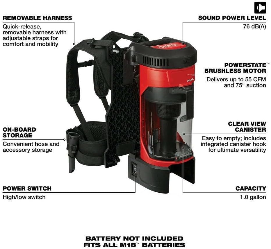 Battery Powered Vac,Backpack Vacuum Set,Cordless Backpack Vacuum,Backpack Vacuum Commercial, for Milwaukee 0885-20 M18 Fuel 18v 3-in-1 Cordless Backpack Vacuum - Bare Tool