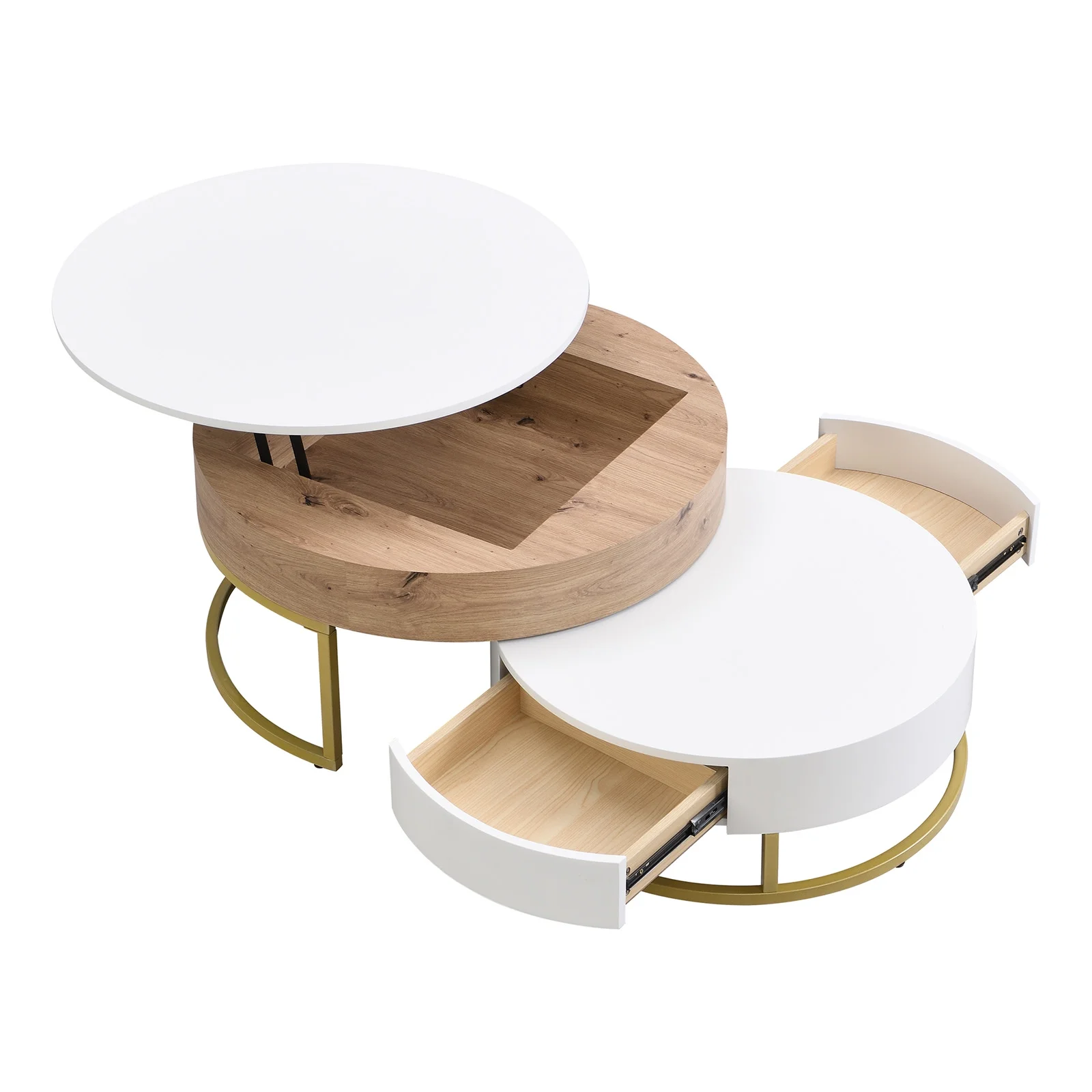 YISUYA Modern Round Lift-top Nesting Coffee Tables with 2 Drawers, Multifunctional Coffee Table, Lift Top Coffee Table, Center Table for Living Room, Home, Office, Oak Natural Wood + Antique White