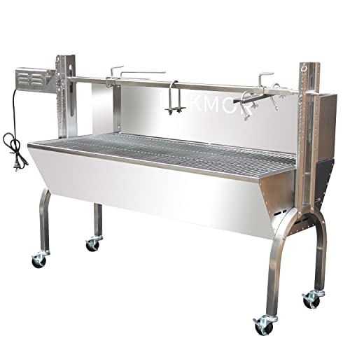 Rotisserie Grill Kit Stainless Steel Tripod Rotisserie Stand, 52inch Pig Lamb Hooded Roaster Charcoal Spit with Motor & Adjustable Height Lockable Casters for Outdoor Camping Party