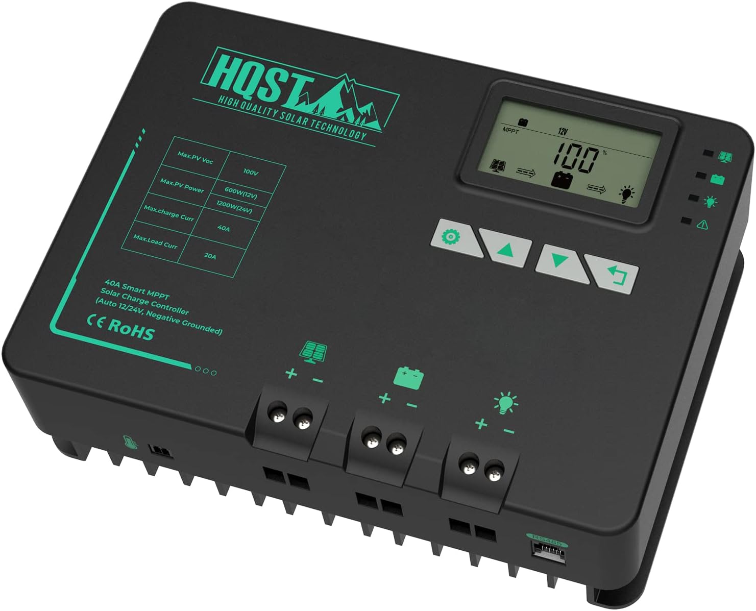 HQST MPPT Solar Charge Controller 40 Amp Negative Ground Controller with Bluetooth LCD Display, 12V/24V DC Input Solar Panel Regulator for Gel Sealed Flooded and Lithium Battery