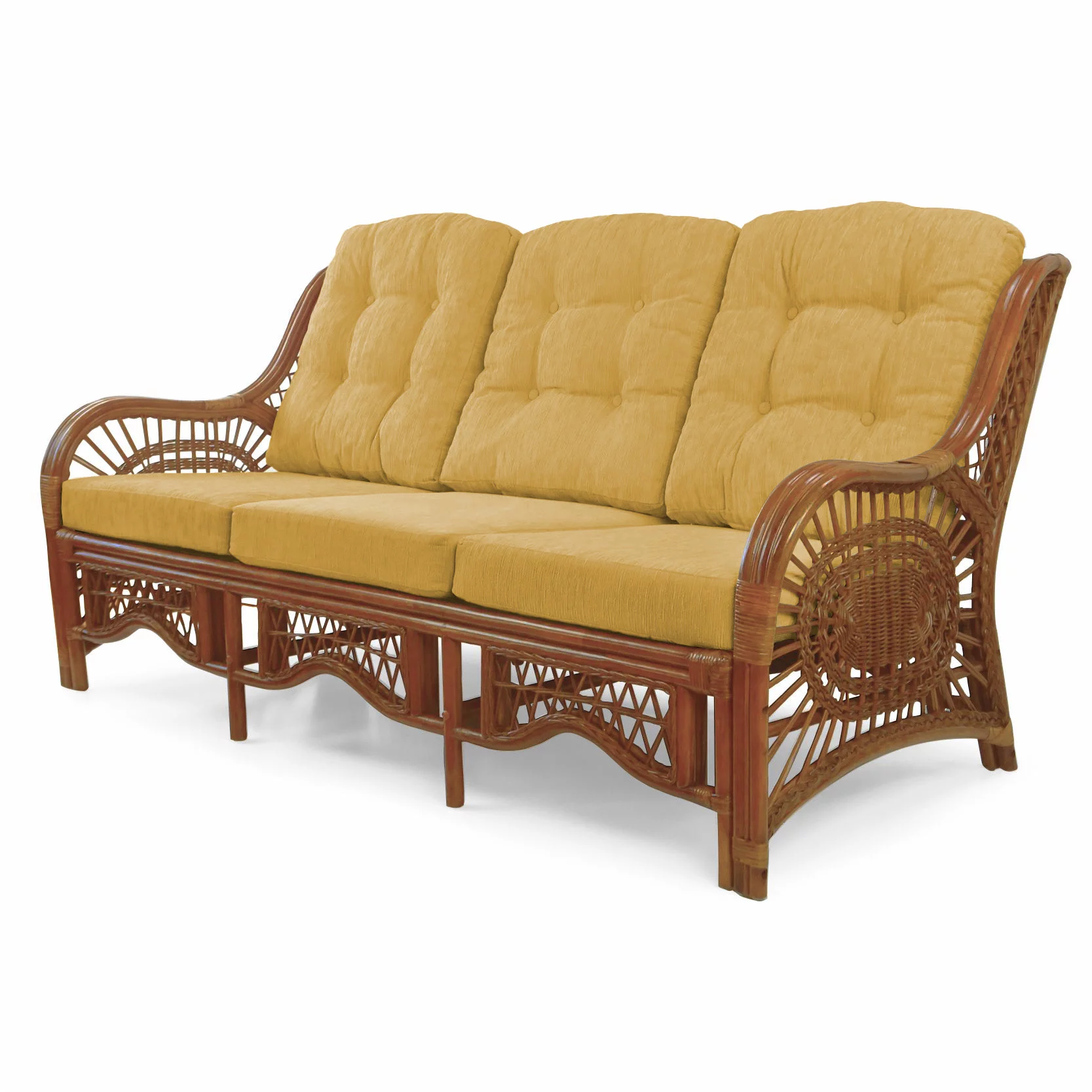 Malibu Lounge Three-Seater Sofa Natural Rattan Wicker Handmade Design with Light Brown Cushions, Colonial