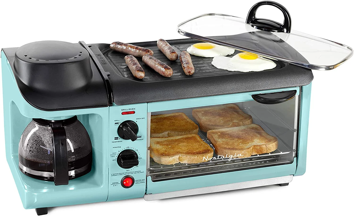 NOSTALGIA BSET300AQ Retro 3-in-1 Family Size Breakfast Station, Coffeemaker, Toaster Oven, Griddle, Aqua