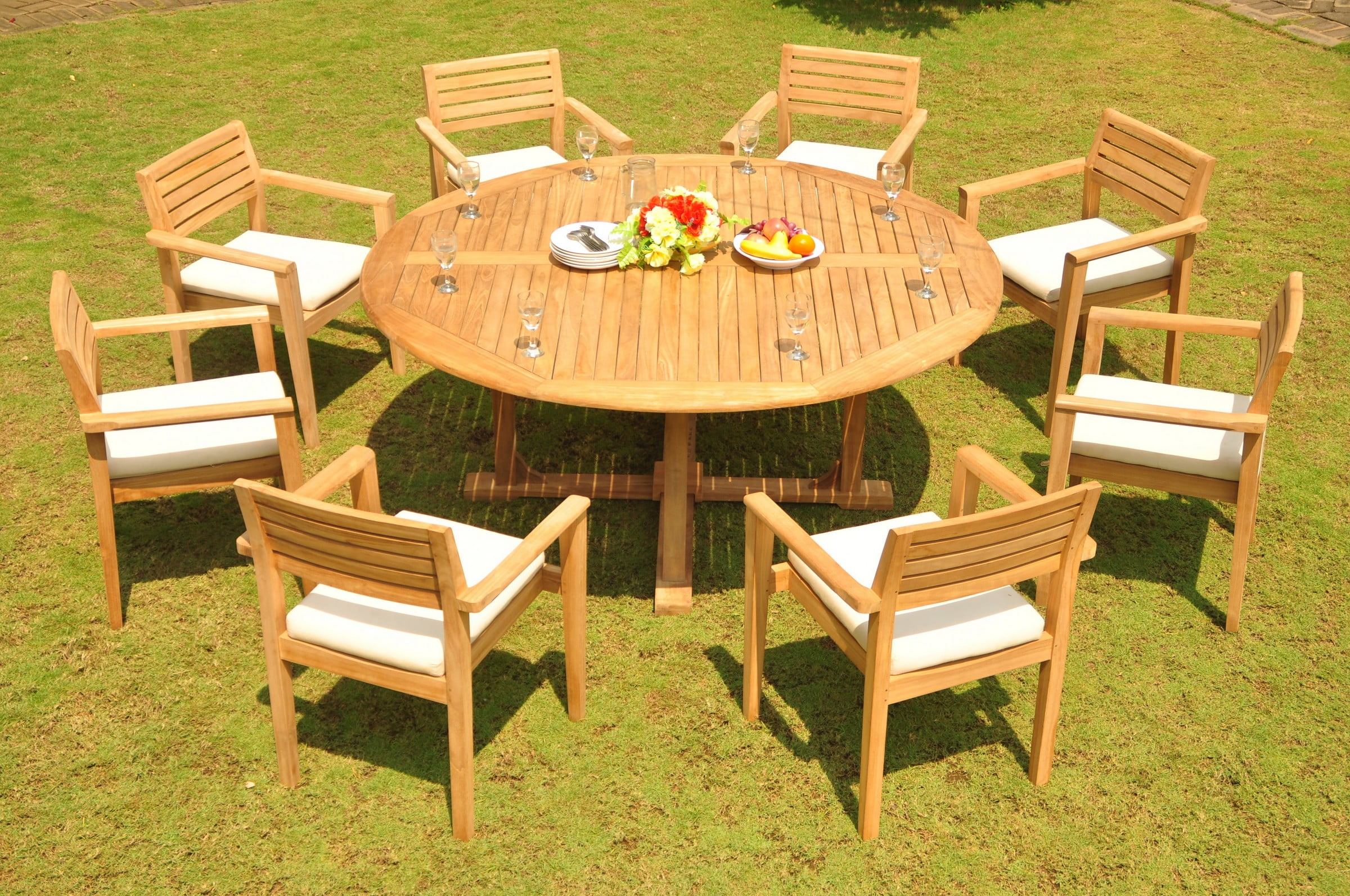 Teak Dining Set: 8 Seater 9 Pc: 72" Round Dining Table And 8 Montana Stacking Arm/Captain Chairs Outdoor Patio Grade-A Teak Wood WholesaleTeak #WMDSMTj