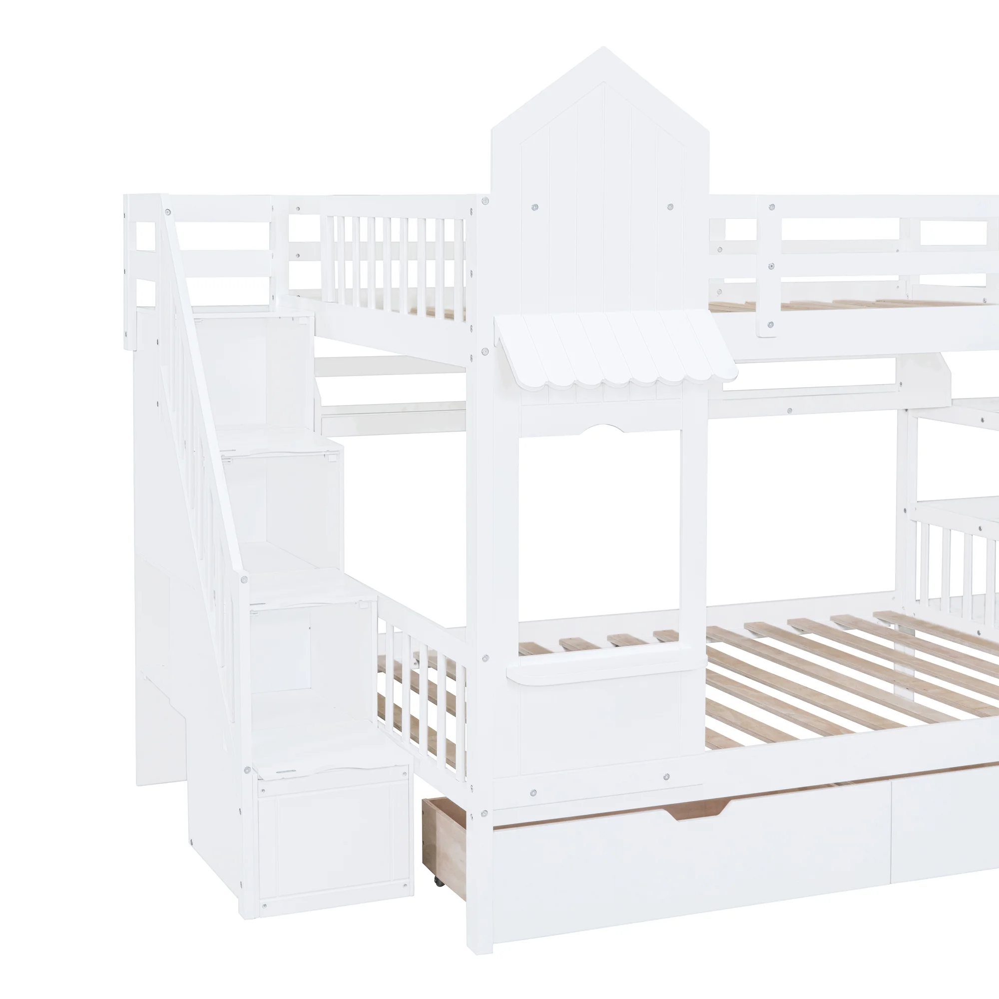 Bellemave Kids Castle Bunk Bed with Storage Drawers, Shelf, Slide and Safety Guardrail, Full Over Full Bunk Bed with Stairs, Castle Bunk Bed/Playhouse Bed for Girls, Boys, Kids (White)