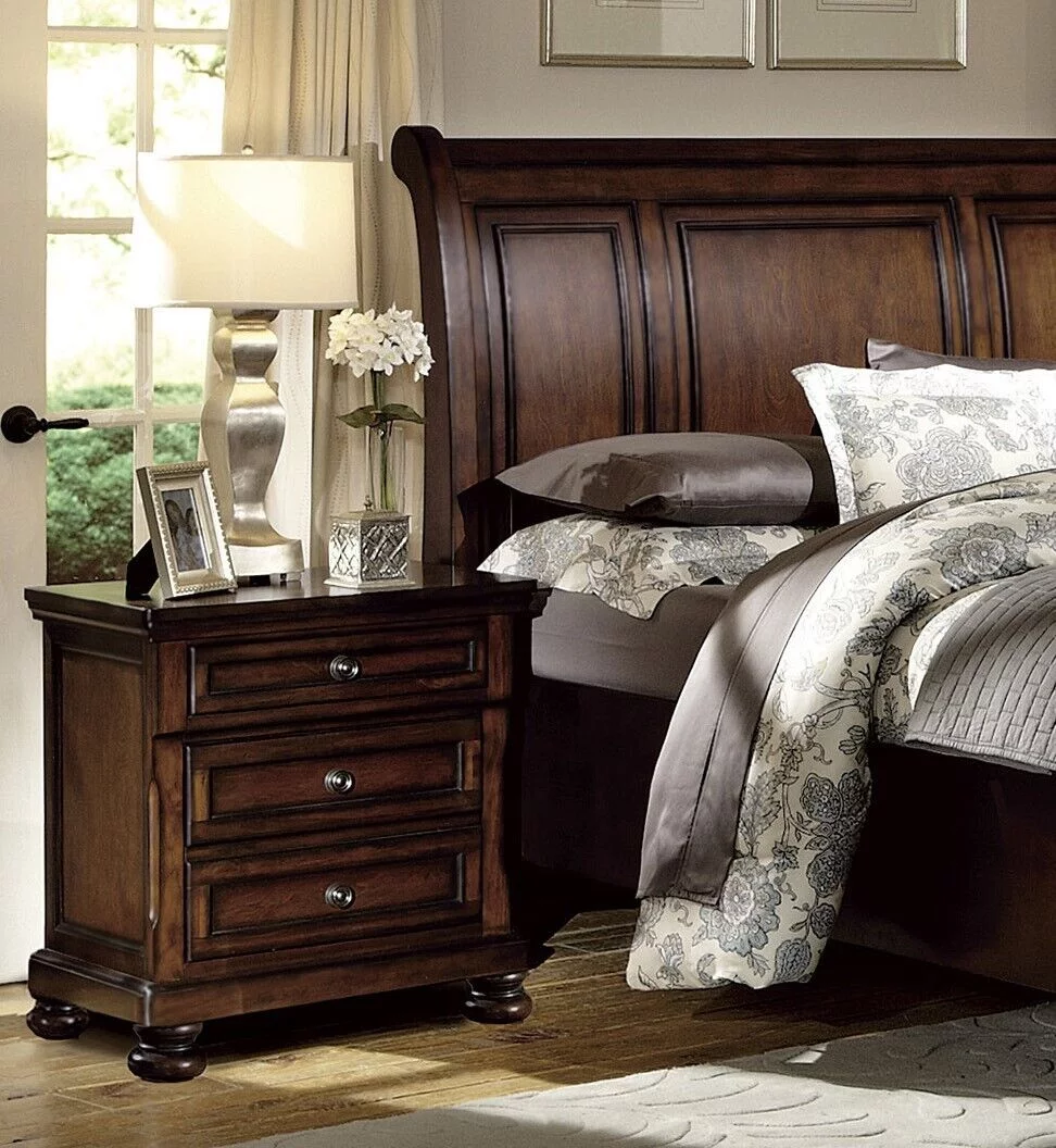 Brown Cherry Finish 3pc Bedroom Set Platform King Bed Storage Nightstands Traditional Style Wooden Furniture