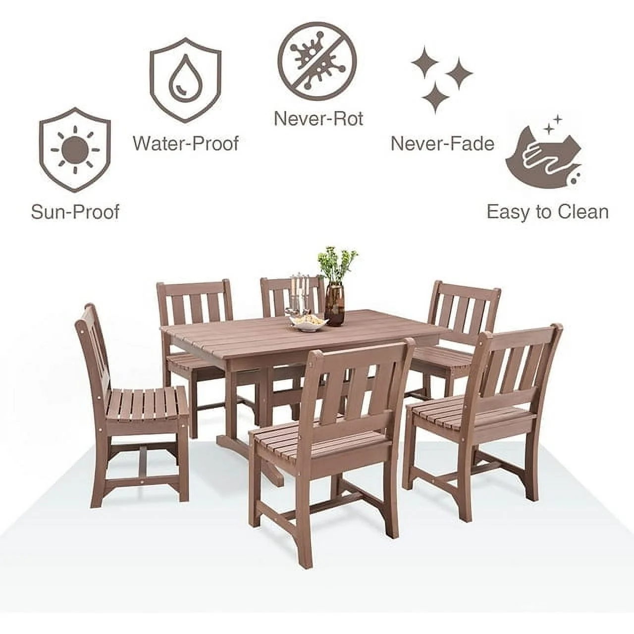 Efurden Outdoor Dining Table, 6-Person Poly Lumber Patio Table, Weather Resistant Outdoor Table for Garden & Backyard (Brown)