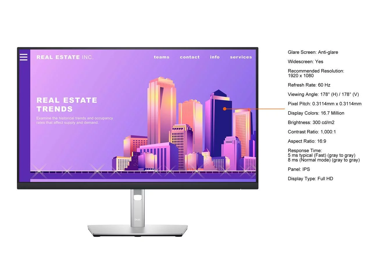 Dell P2722H 27" 1920 x 1080 Full HD IPS, DisplayPort VGA HDMI USB 3.2, Tilt VESA Pivot Swivel Height Adjust LED-Backlit Monitor