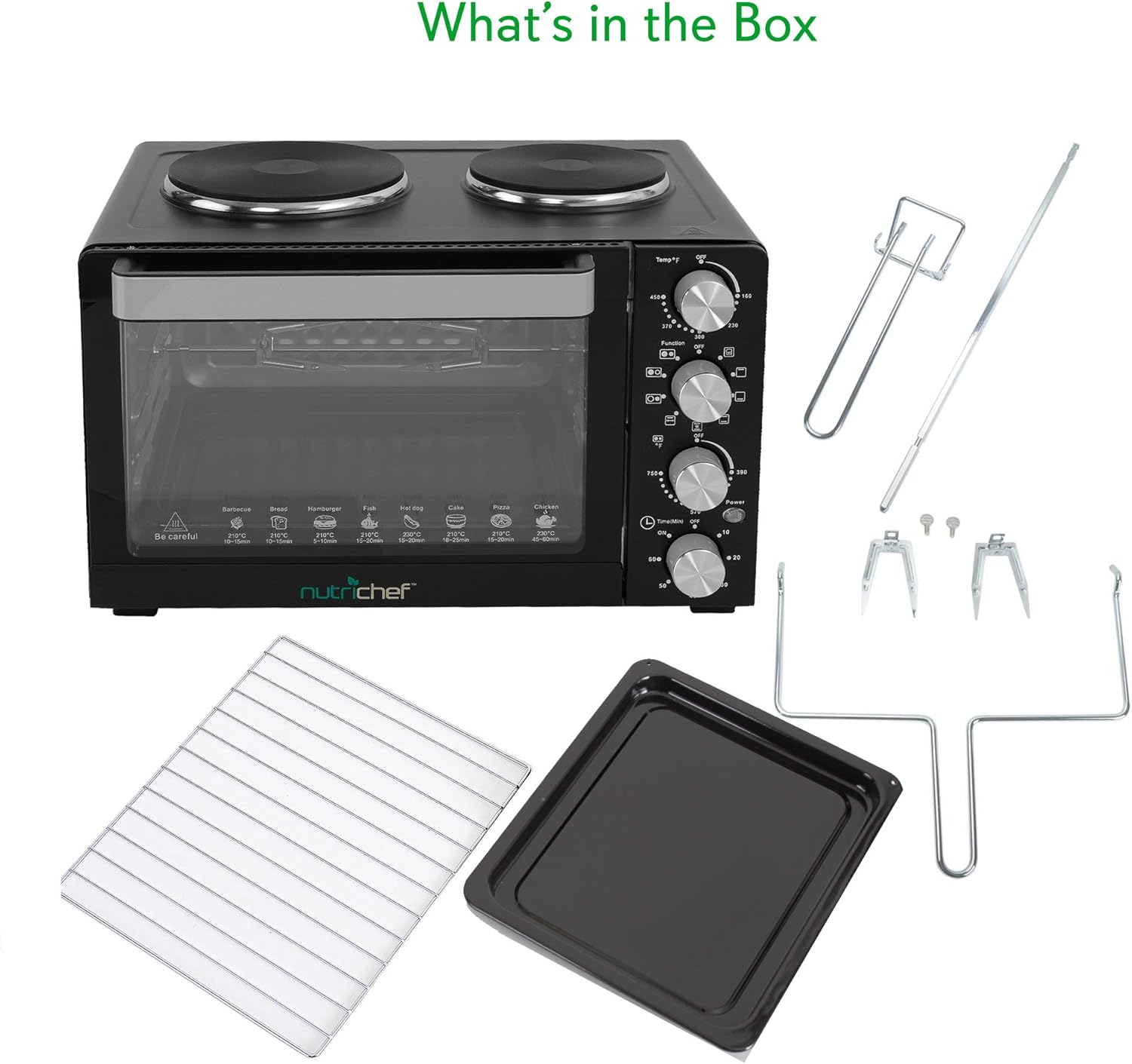 Nutrichef 30 Quart Kitchen Convection Oven & 2 Burner Cooker - 1500 Watt Oven - 7 Cook Functions Rotisserie, Cook, Bake, Broil & More - Includes Baking Tray, Skewers & Handles - 19.6 x 16.0 x 13.5 IN