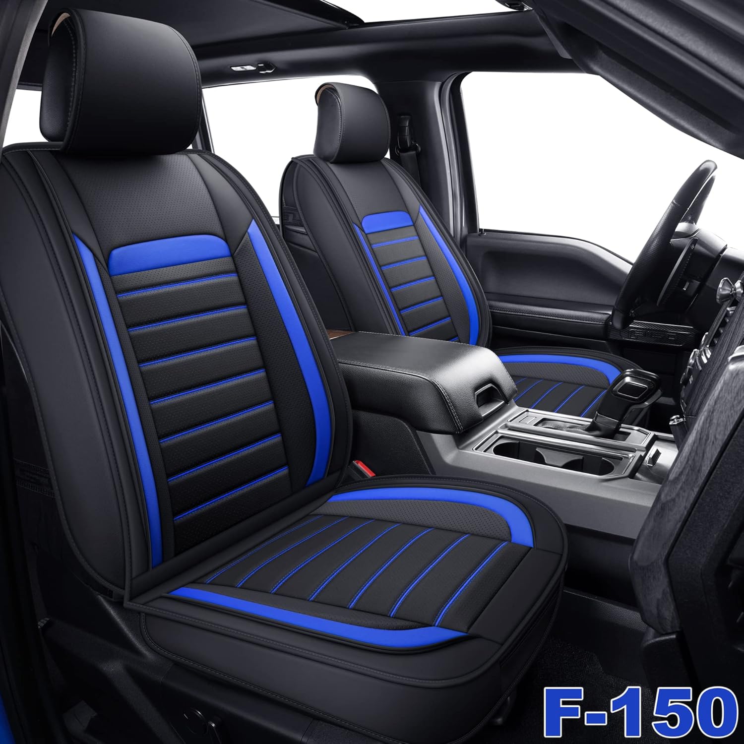 AOOG F150 Leather Car Seat Covers Full Set, Faux Leather Automotive Pickup Truck Seat Covers Fit for 2015-2022 F150 and 2017-2022 F250 F350 F451, Gray