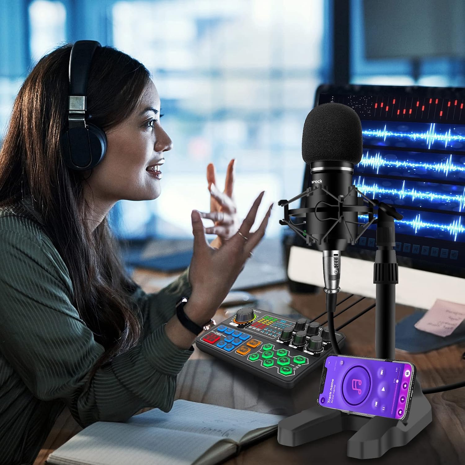 Podcast Equipment Bundle Audio Interface Sound Mixer ALL-IN-ONE with 3.5mm Condenser Microphone Strong Microphone Stand Set for Live Broadcast,Recording,Gaming